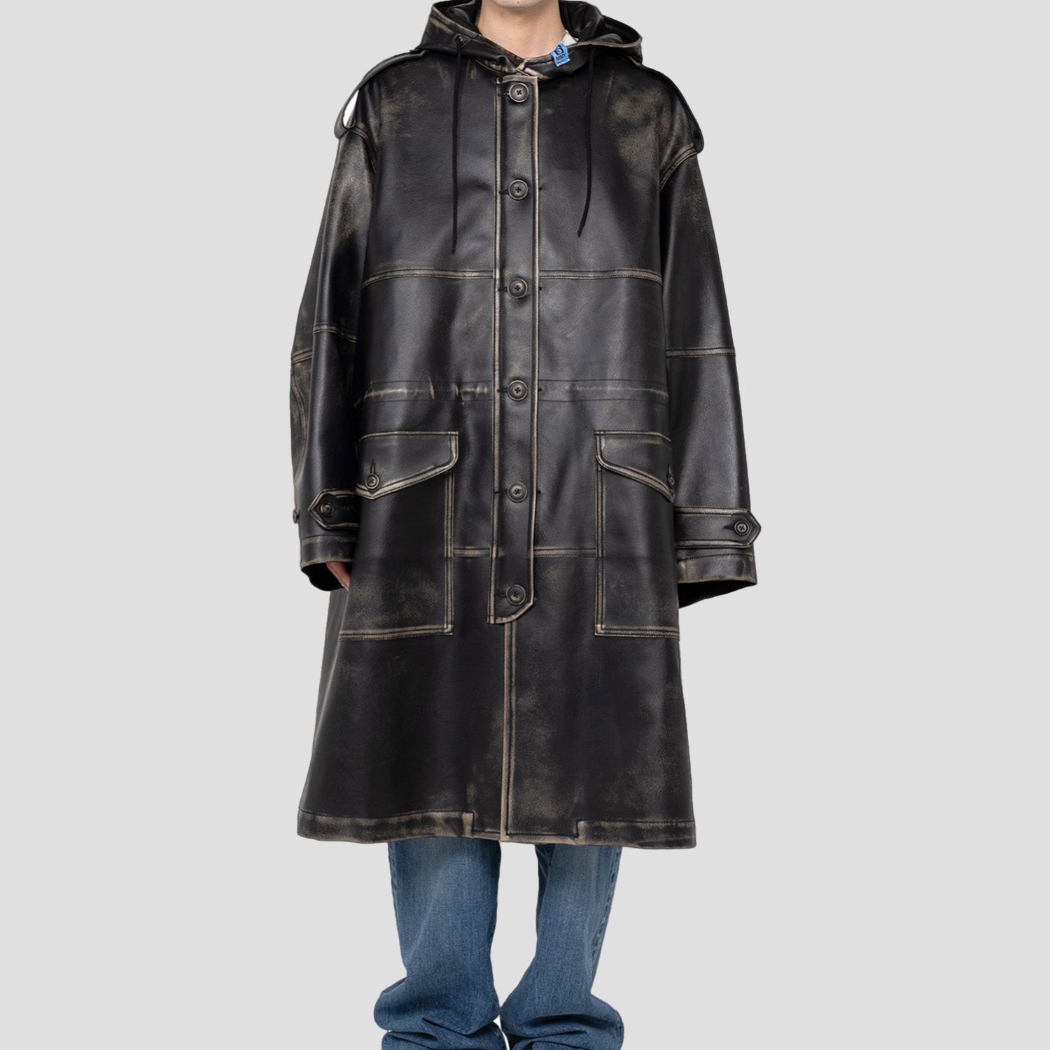 SYNTHETIC LEATHER HOODED COAT