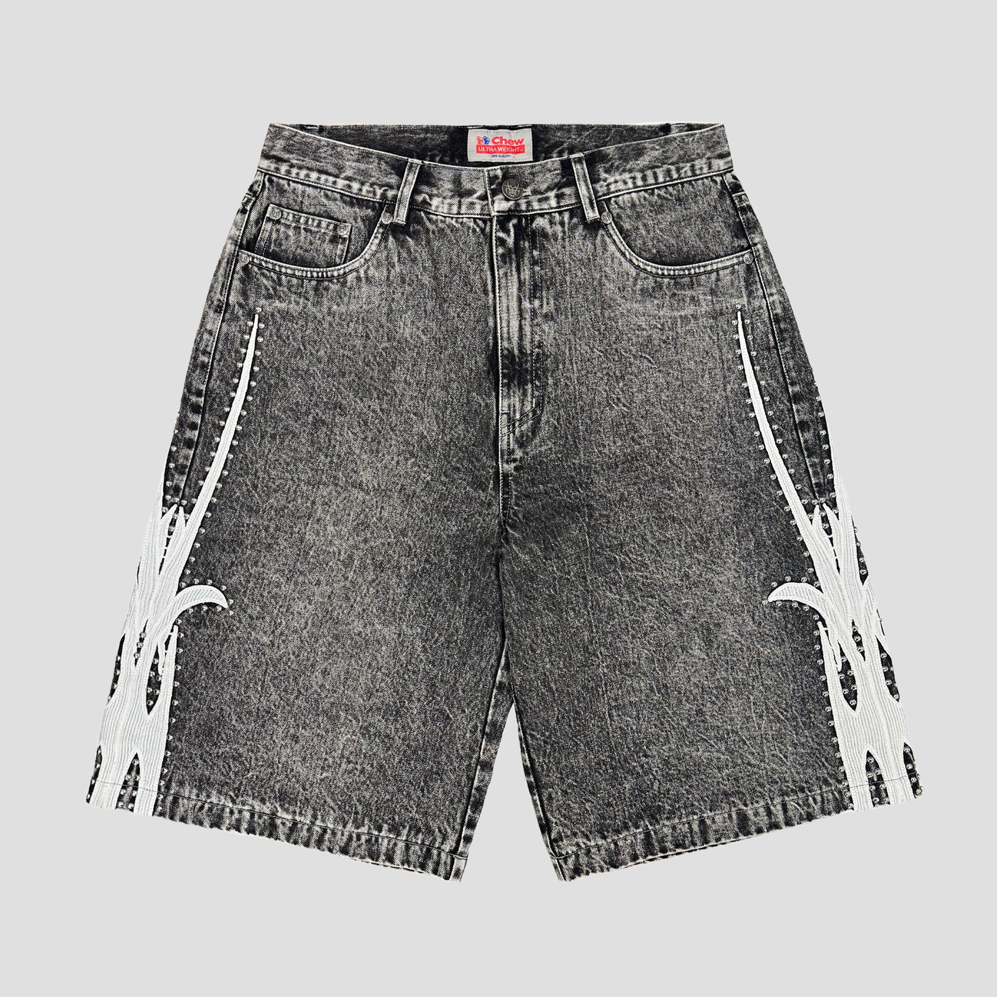 CHAIN STITCHED STUDDED GRAY SHORTS