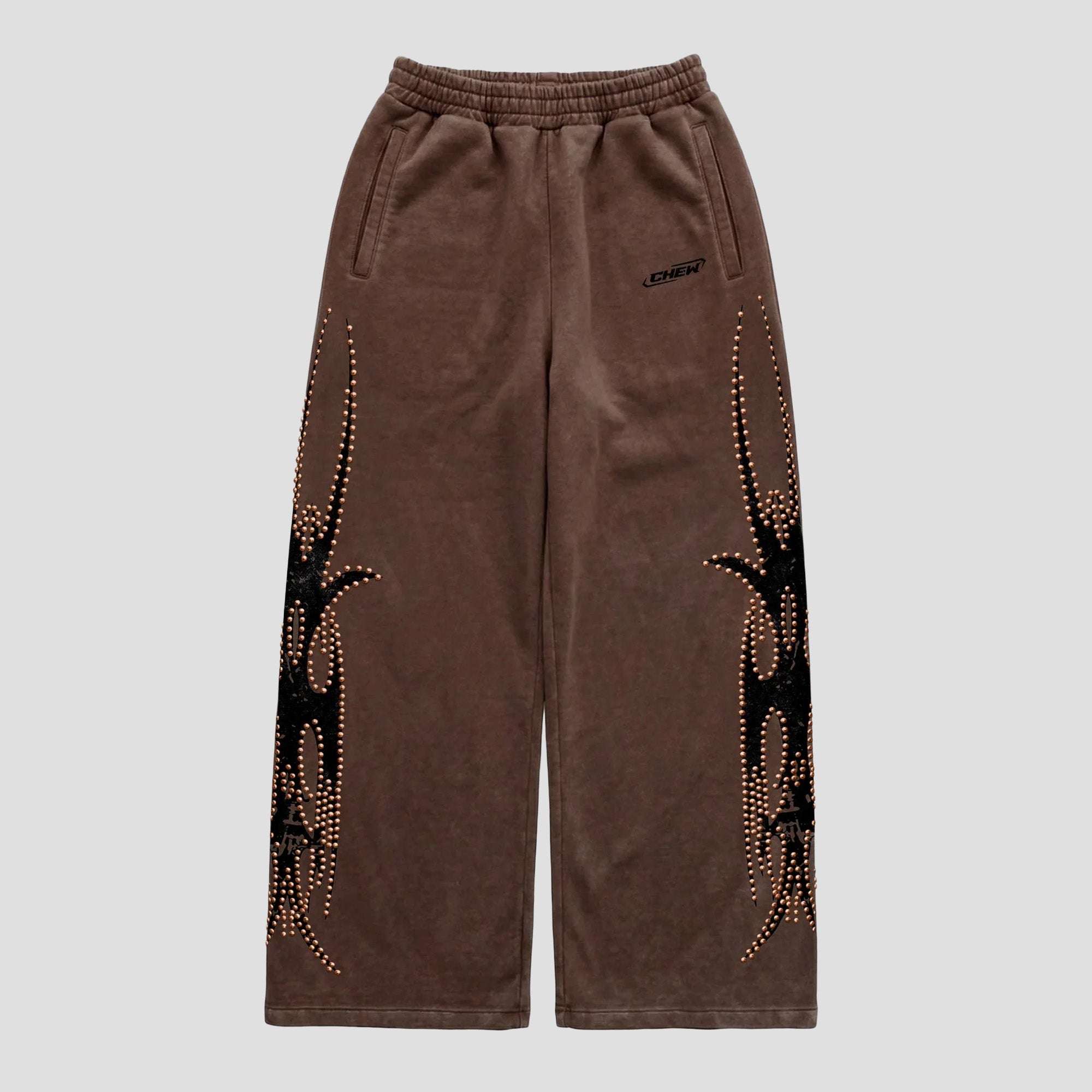 BROWN ROSE GOLD STUDDED SWEATPANTS