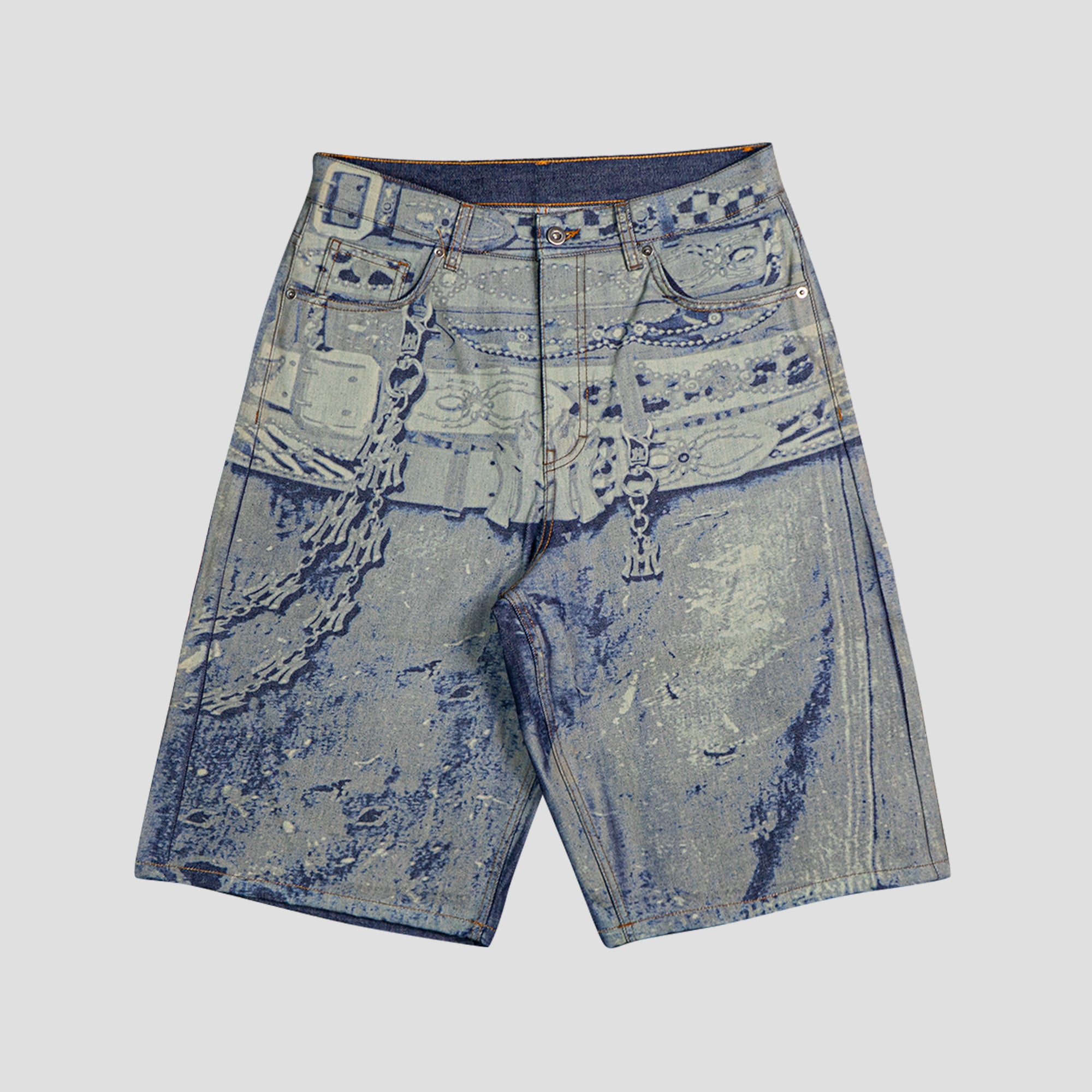 MANNAHATTA NYC BELTS LASERED DENIM SHORTS