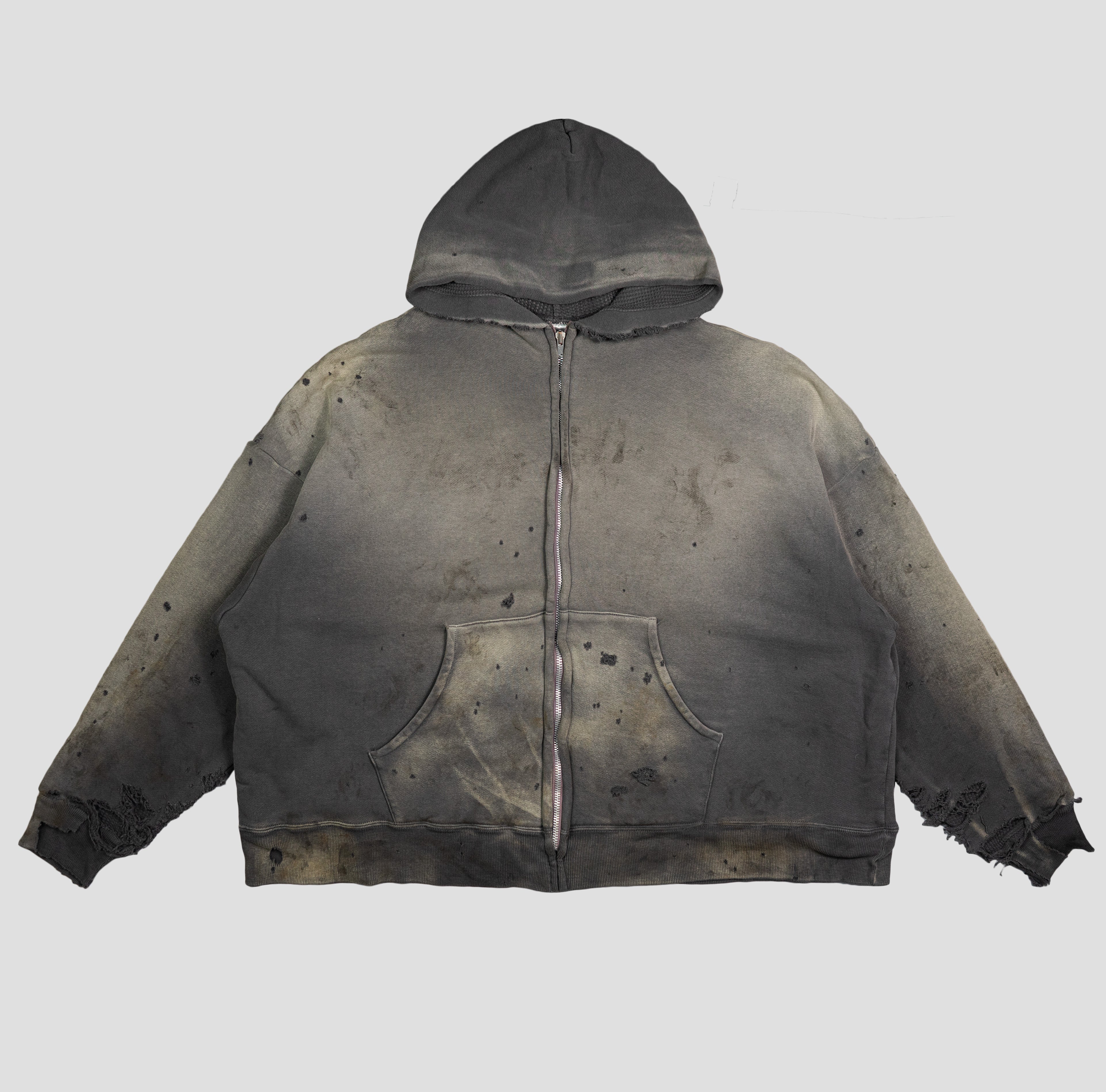 DOUBLE FACED DISTRESSED ZIP-UP HOODIE