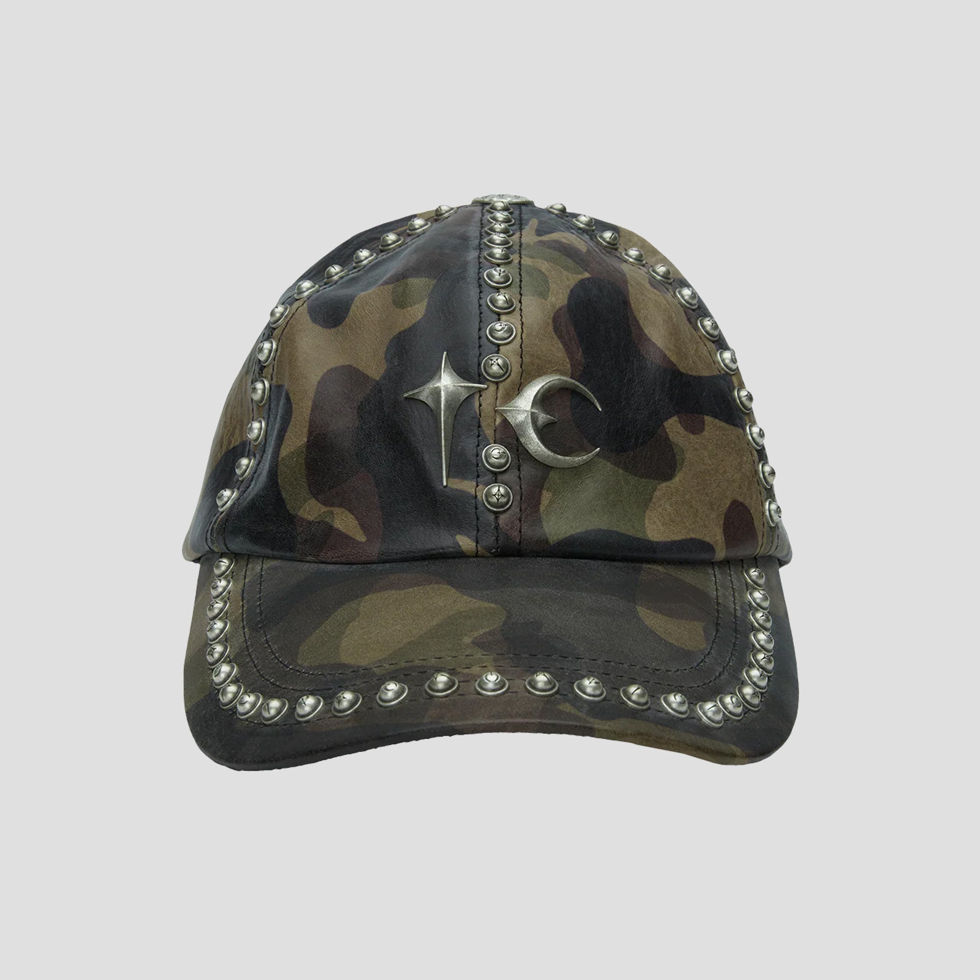 STUDDED CAMO LEATHER CAP