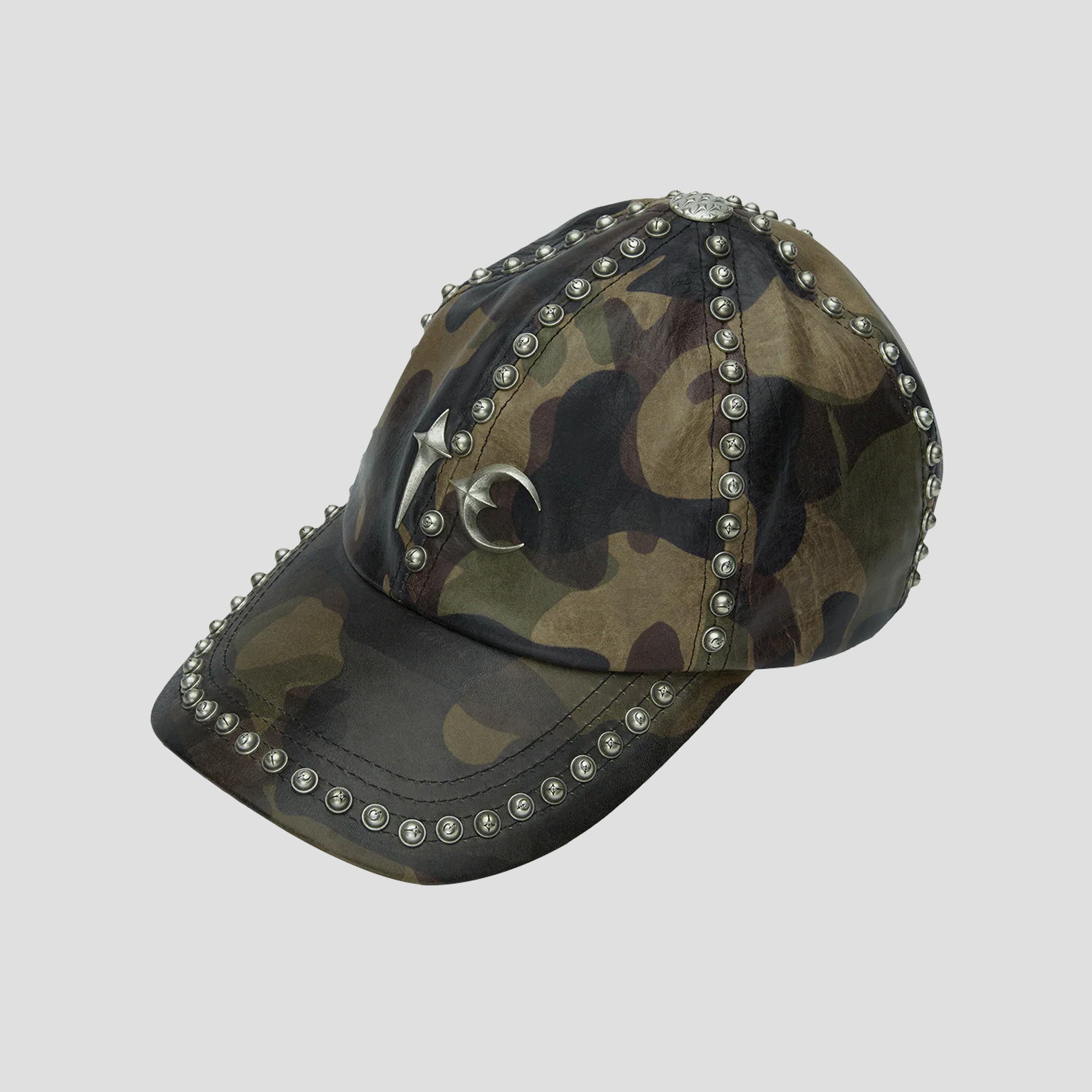 STUDDED CAMO LEATHER CAP