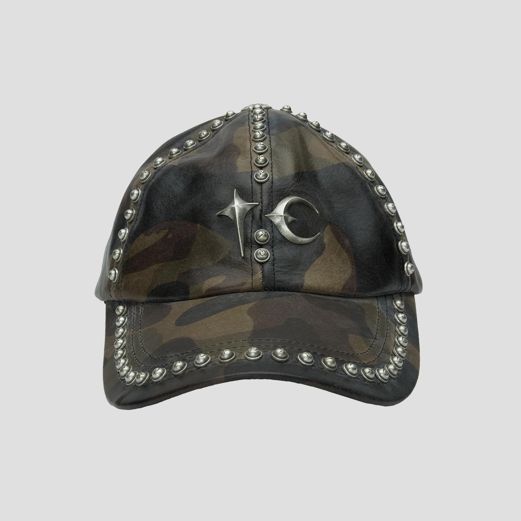 STUDDED CAMO LEATHER CAP