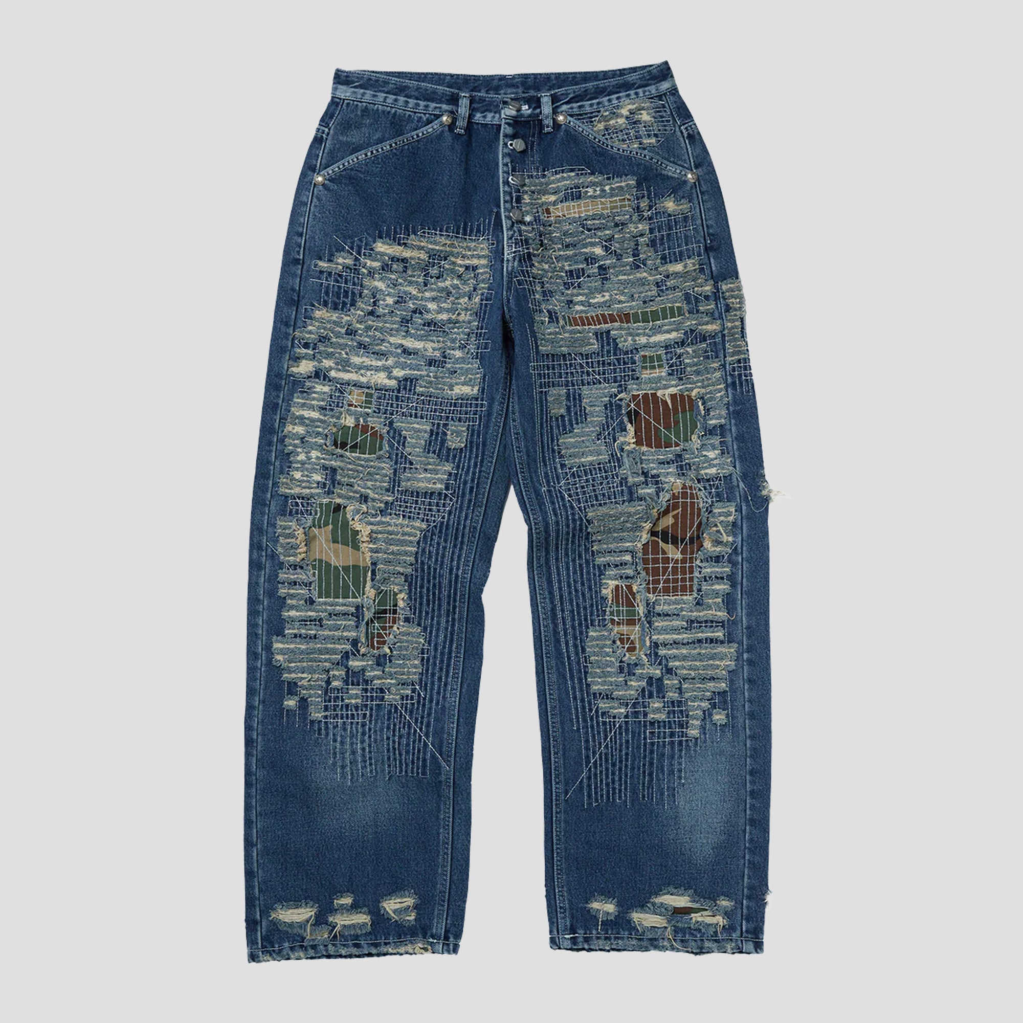 VINTAGE-STITCHED CAMO DENIM PANTS