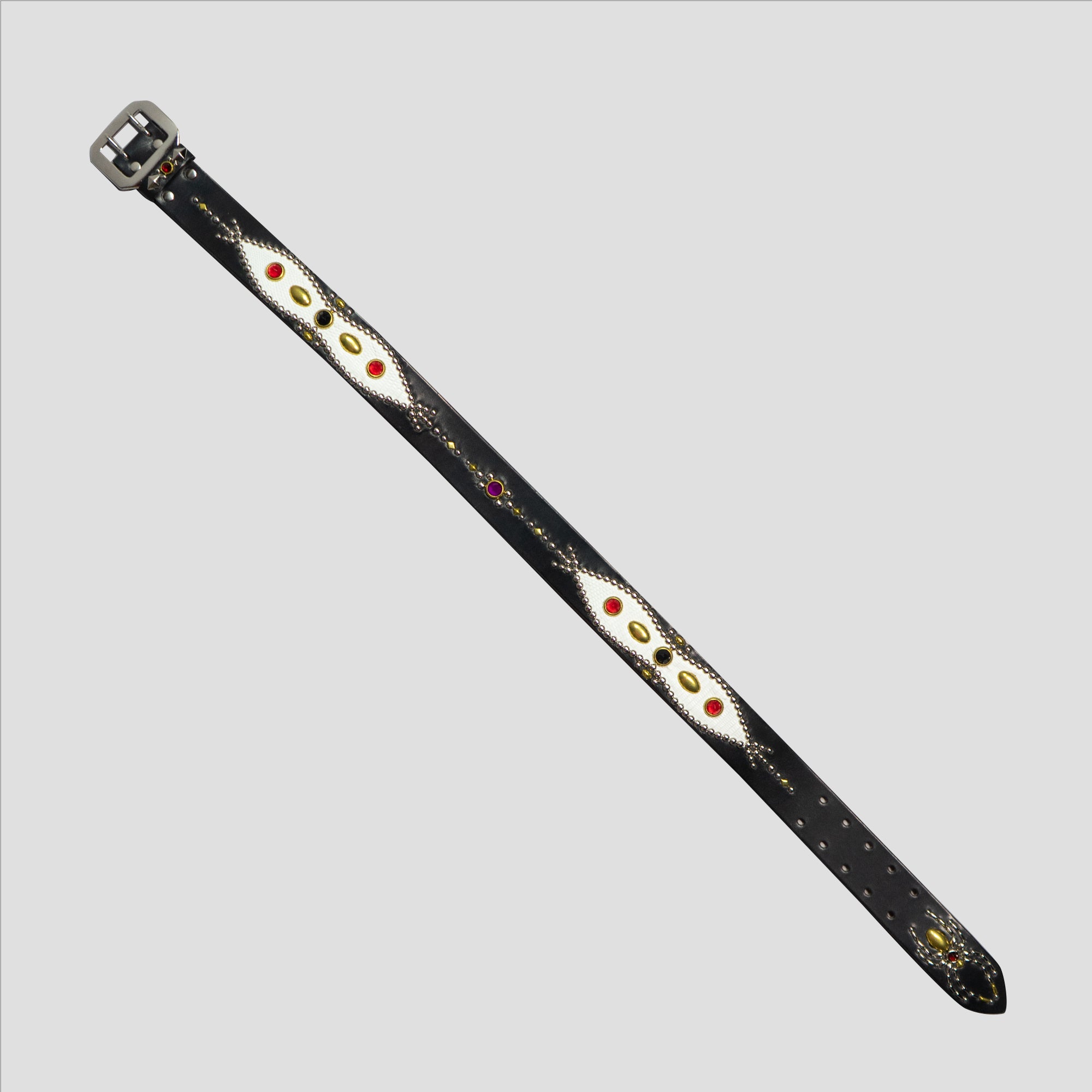 STUDDED LEATHER INLAY BELT WITH REFLECTOR - WHITE LIZARD