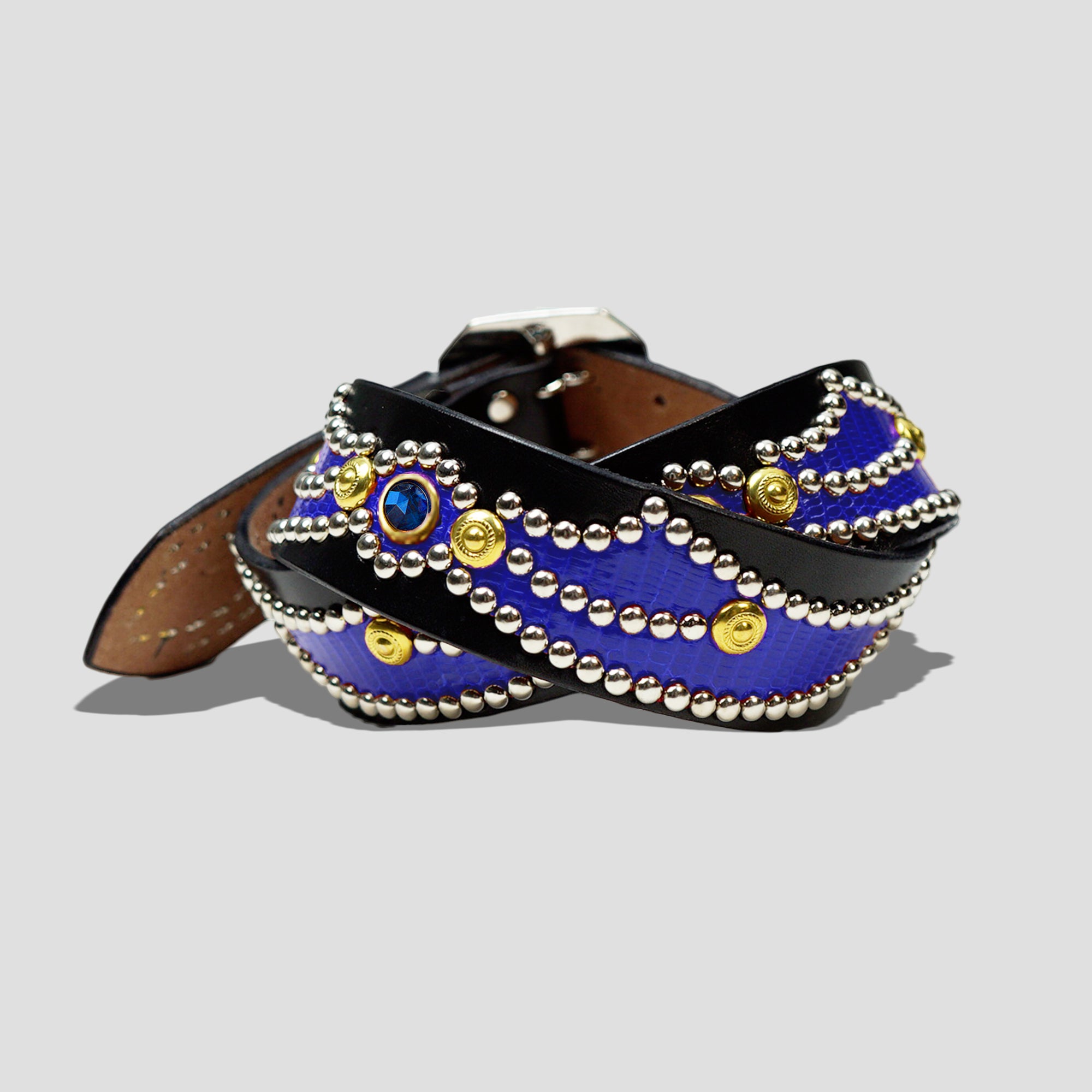 STUDDED LEATHER INLAY BELT WITH REFLECTOR - BLUE LIZARD