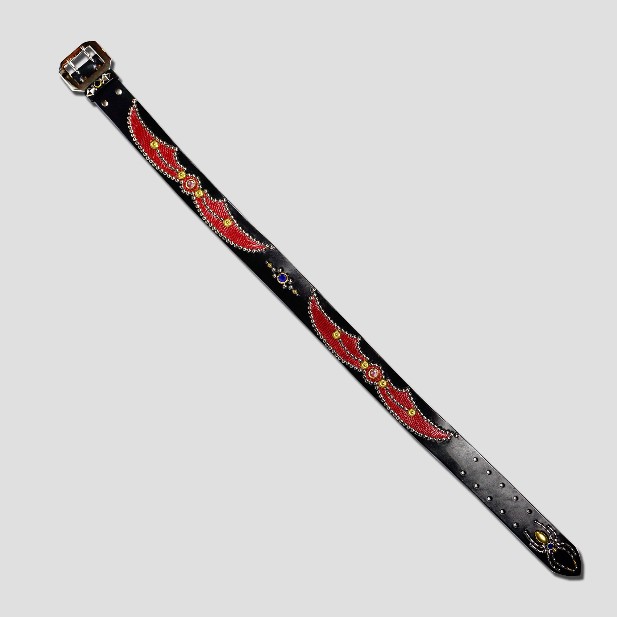 STUDDED LEATHER INLAY BELT WITH REFLECTOR - RED LIZARD