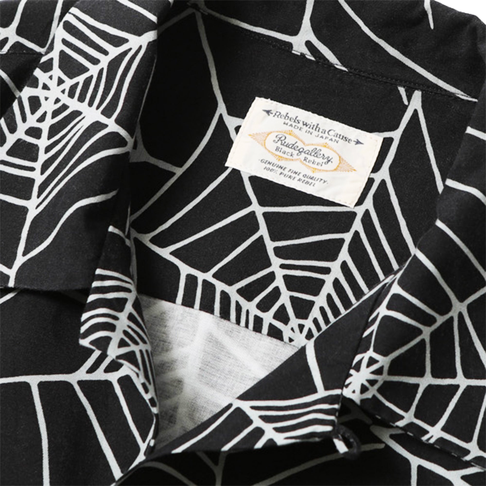 RAYON SPIDER WEB OPEN COLLAR SHIRT - BLACK