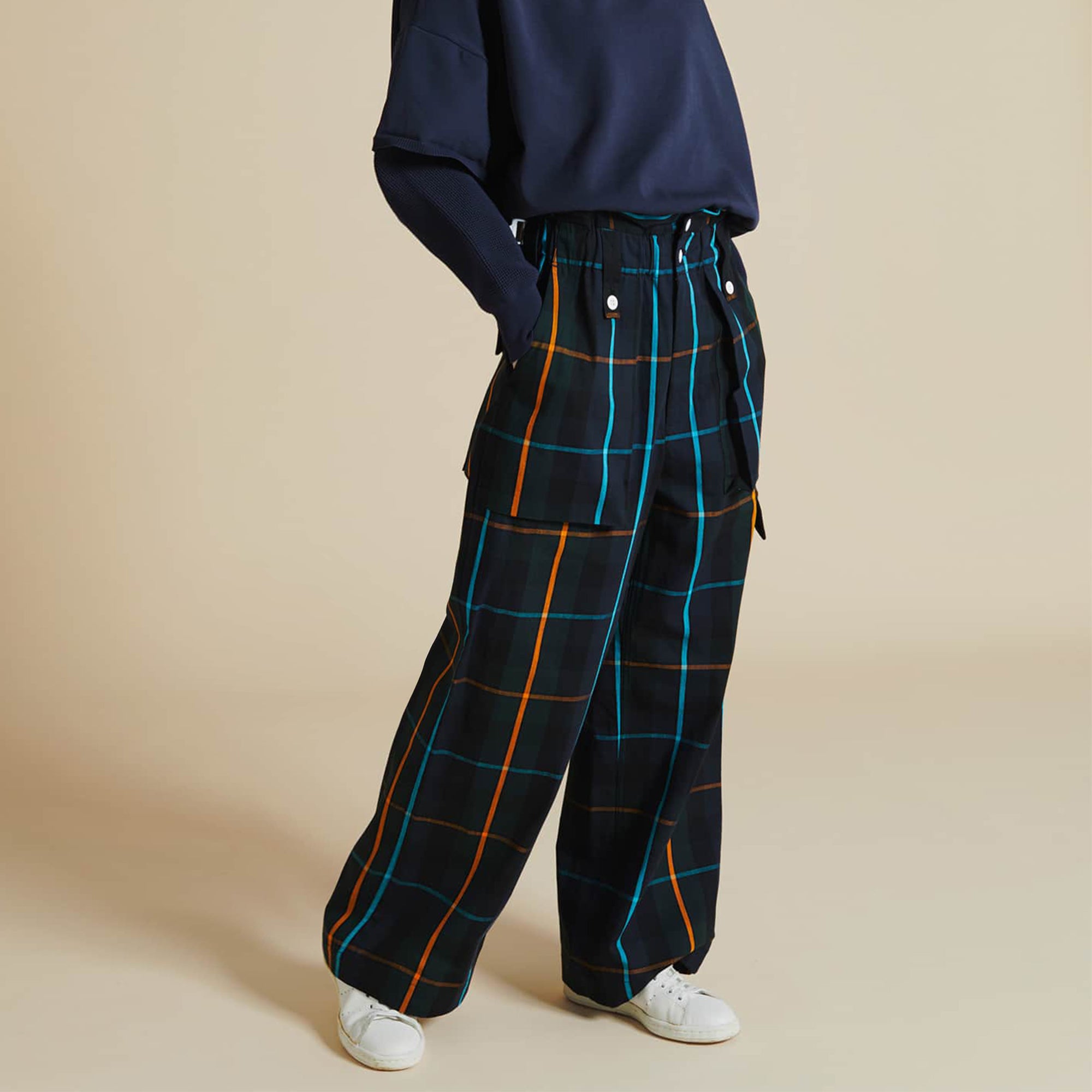 PLAID EASY FATIGUE PANTS - NAVY