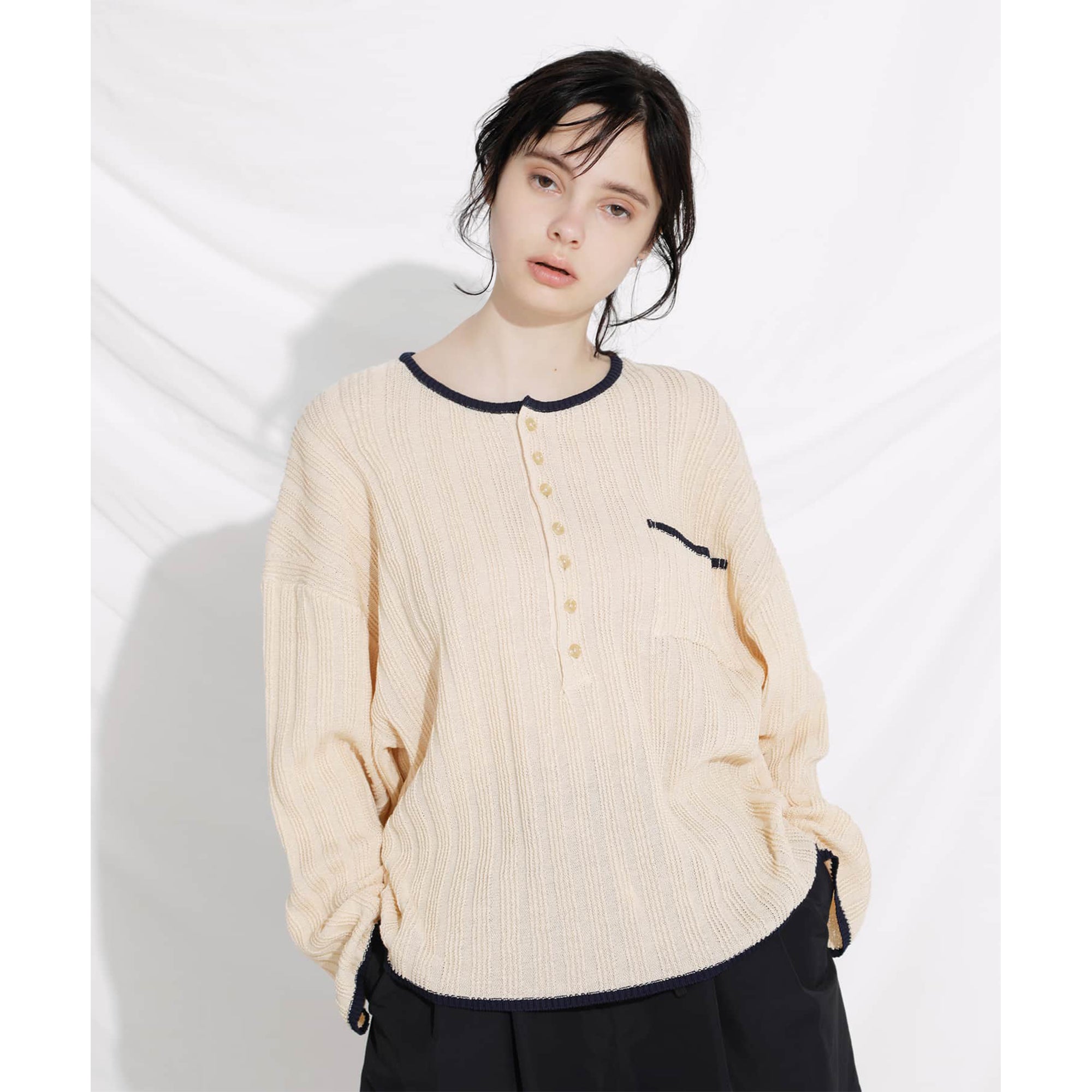 STRAW YARN KNIT HENRY SHIRTS - IVORY