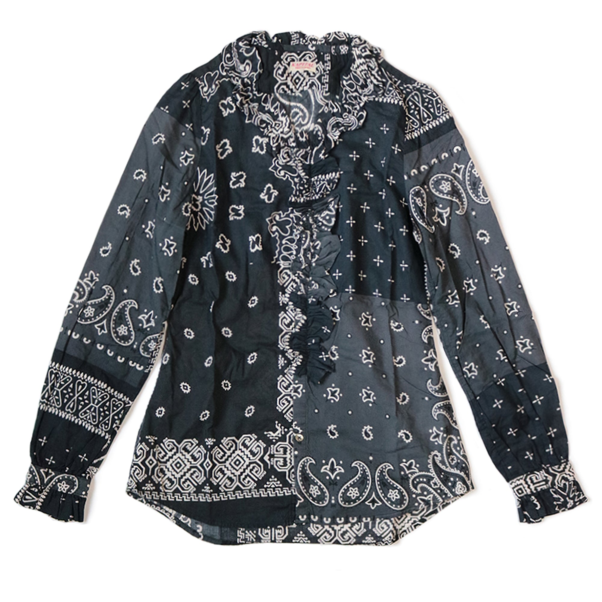 KAPITAL - GAUZE BANDANA PATCHWORK V-NECK FRILL SHIRT - BLACK at Mannahatta NYC