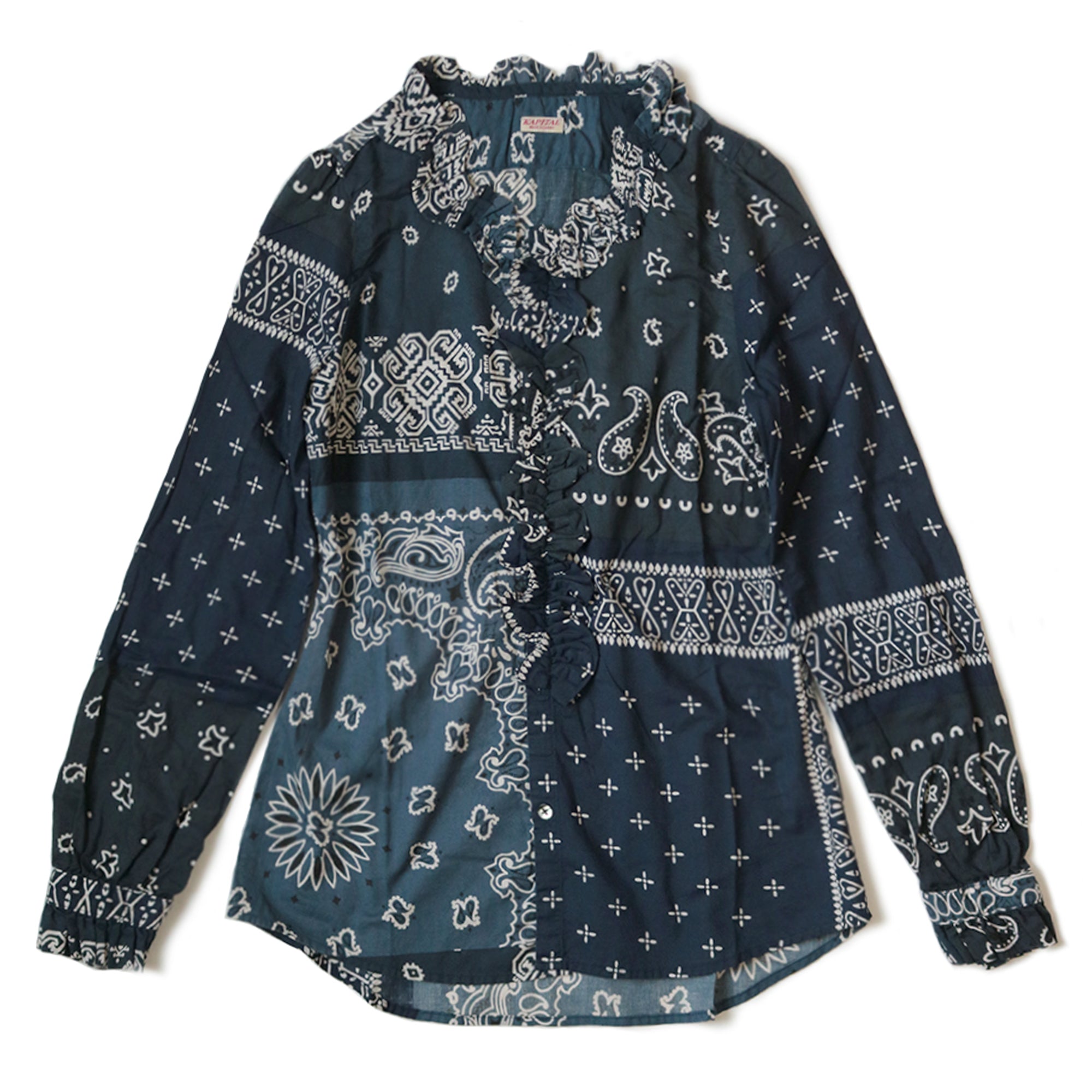 GAUZE BANDANA PATCHWORK V-NECK FRILL SHIRT - NAVY