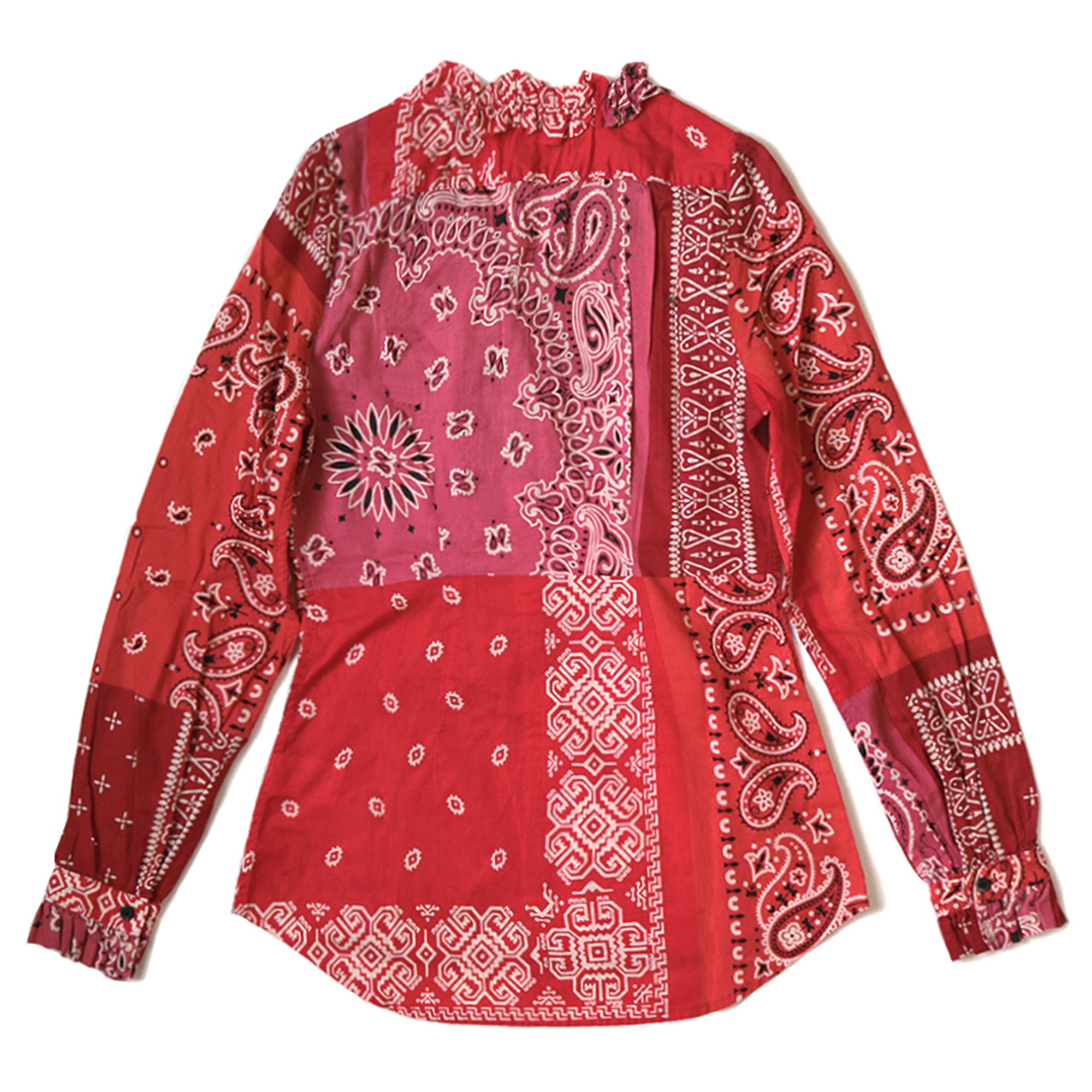GAUZE BANDANA PATCHWORK V-NECK FRILL SHIRT - RED