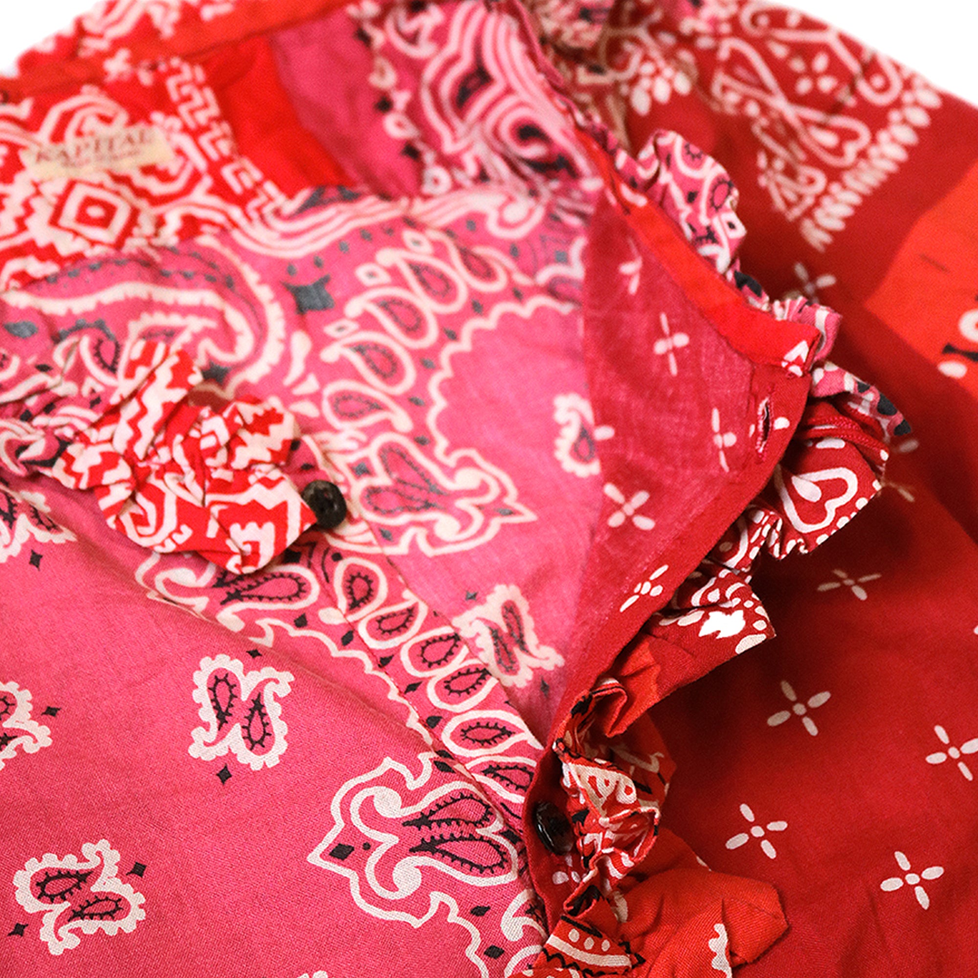 GAUZE BANDANA PATCHWORK V-NECK FRILL SHIRT - RED