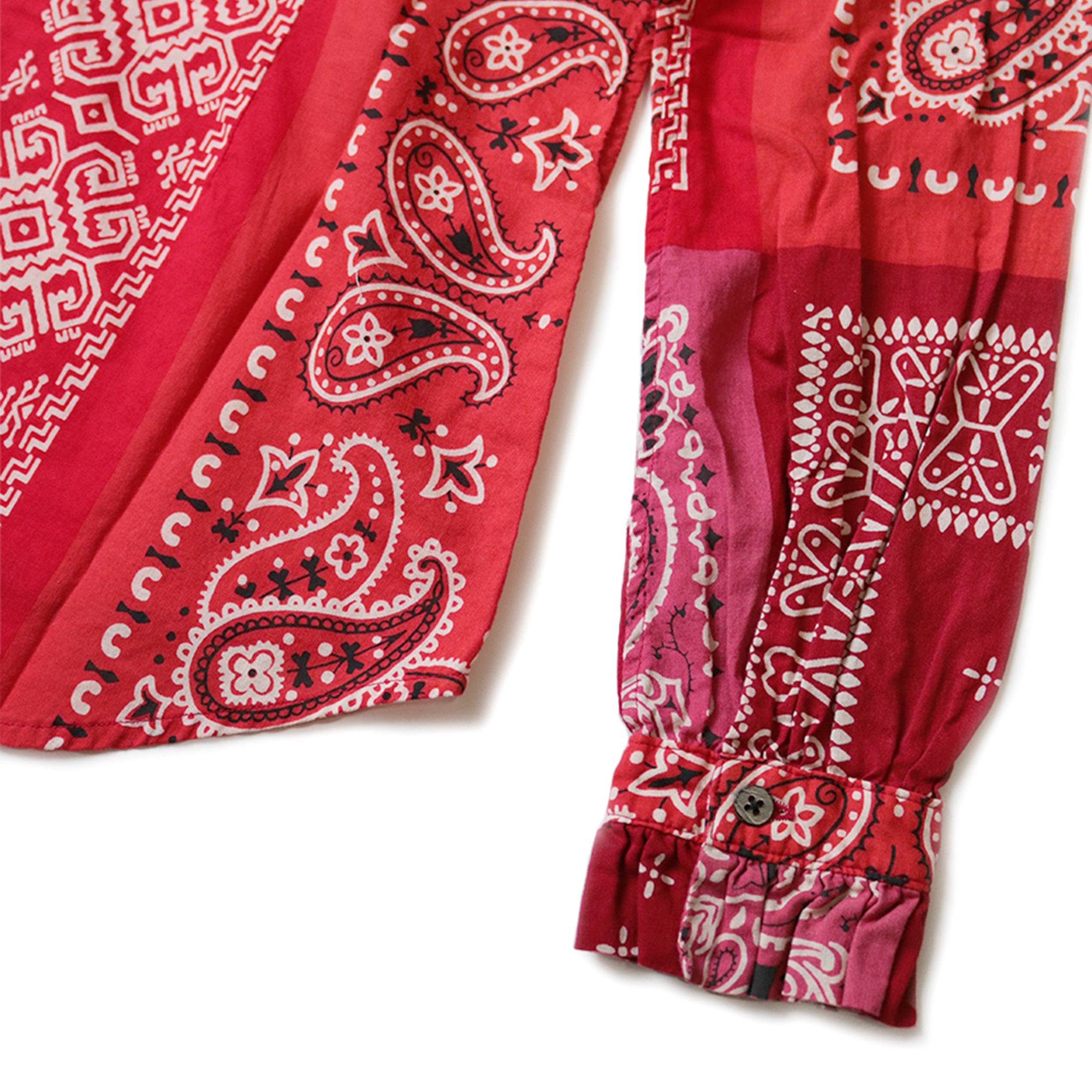 GAUZE BANDANA PATCHWORK V-NECK FRILL SHIRT - RED