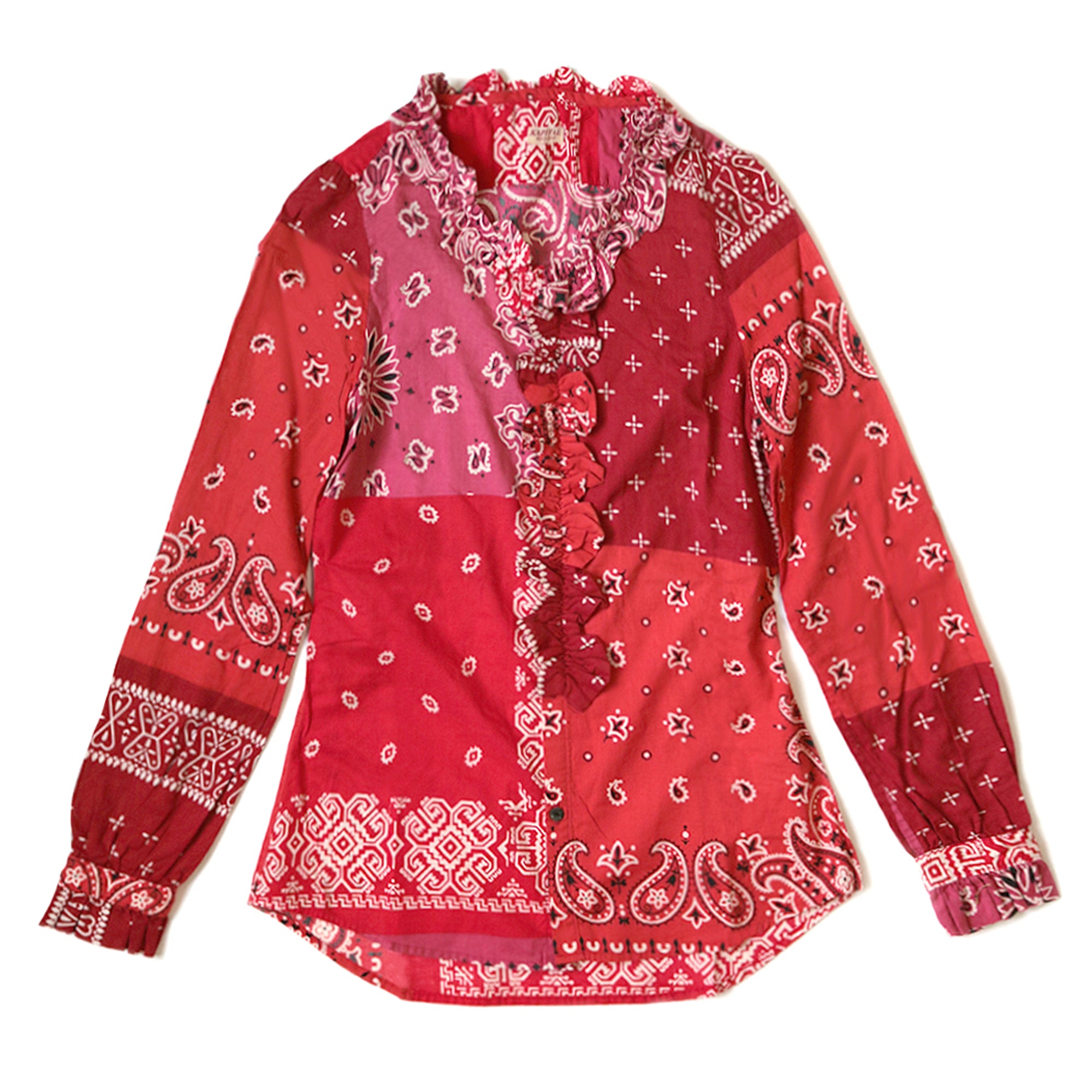 KAPITAL - GAUZE BANDANA PATCHWORK V-NECK FRILL SHIRT - RED at Mannahatta NYC