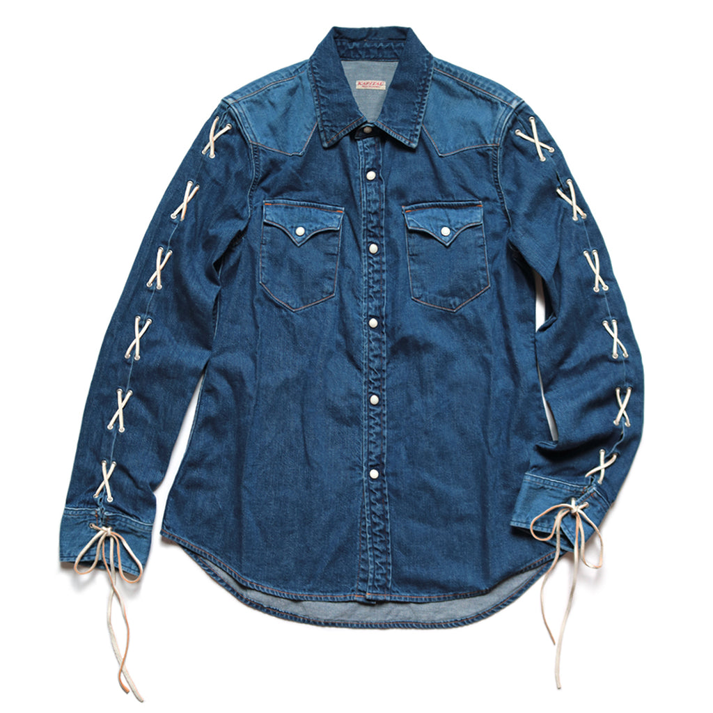 KAPITAL - 8oz DENIM LACE-UP WESTER SHIRT LADIES - INDIGO at