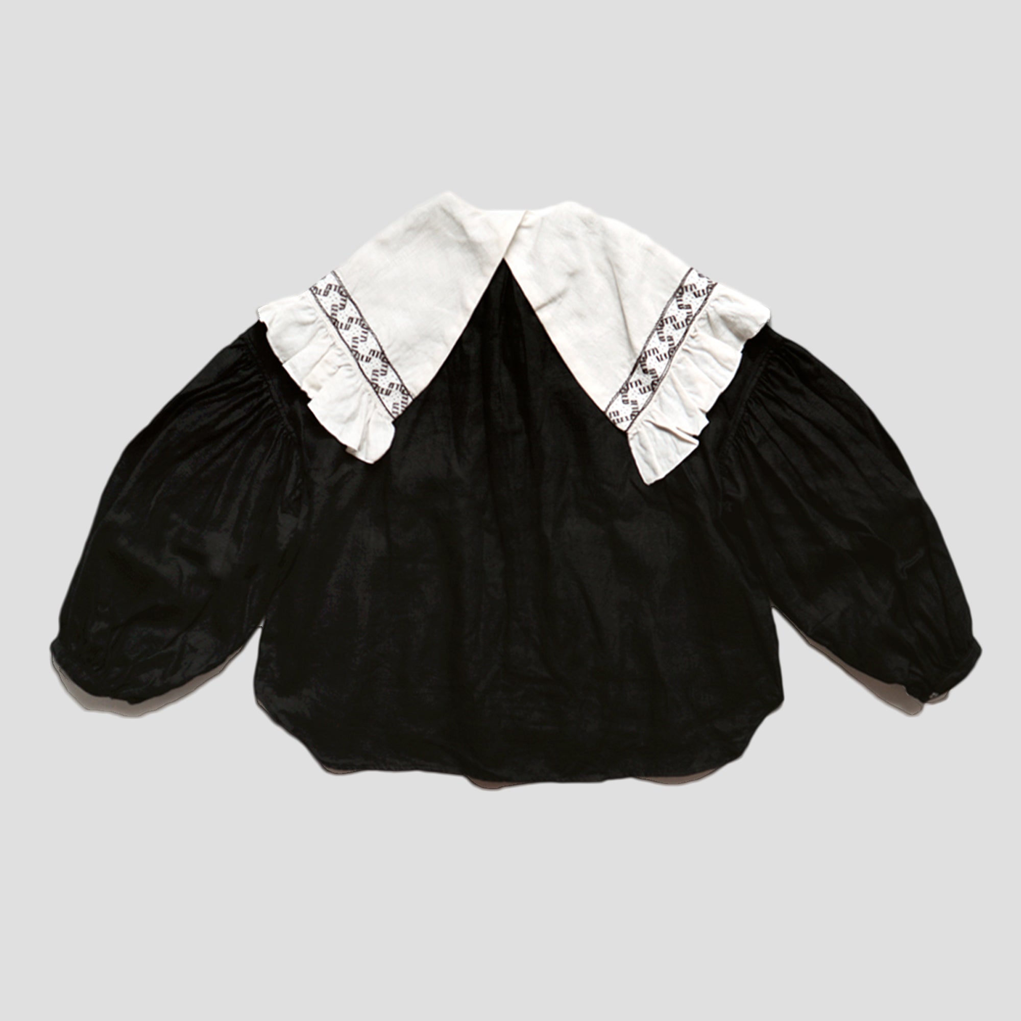 LINEN CANVAS 2TONES PURITAN COLLAR BOUFFANT SHIRTS - BLACK