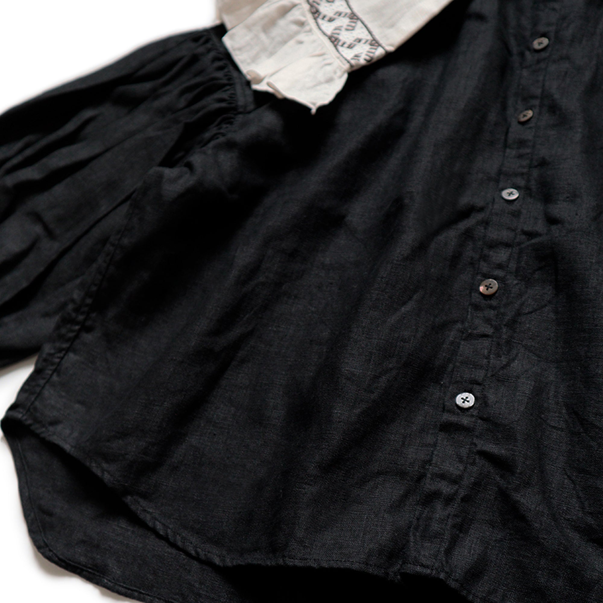 LINEN CANVAS 2TONES PURITAN COLLAR BOUFFANT SHIRTS - BLACK