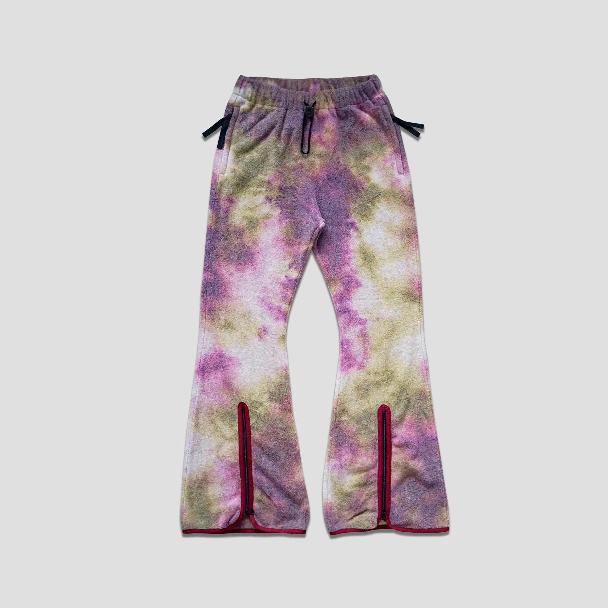 REVERSIBLE FLEECE TIE DYE FLARE PANTS - PURPLE/OLIVE