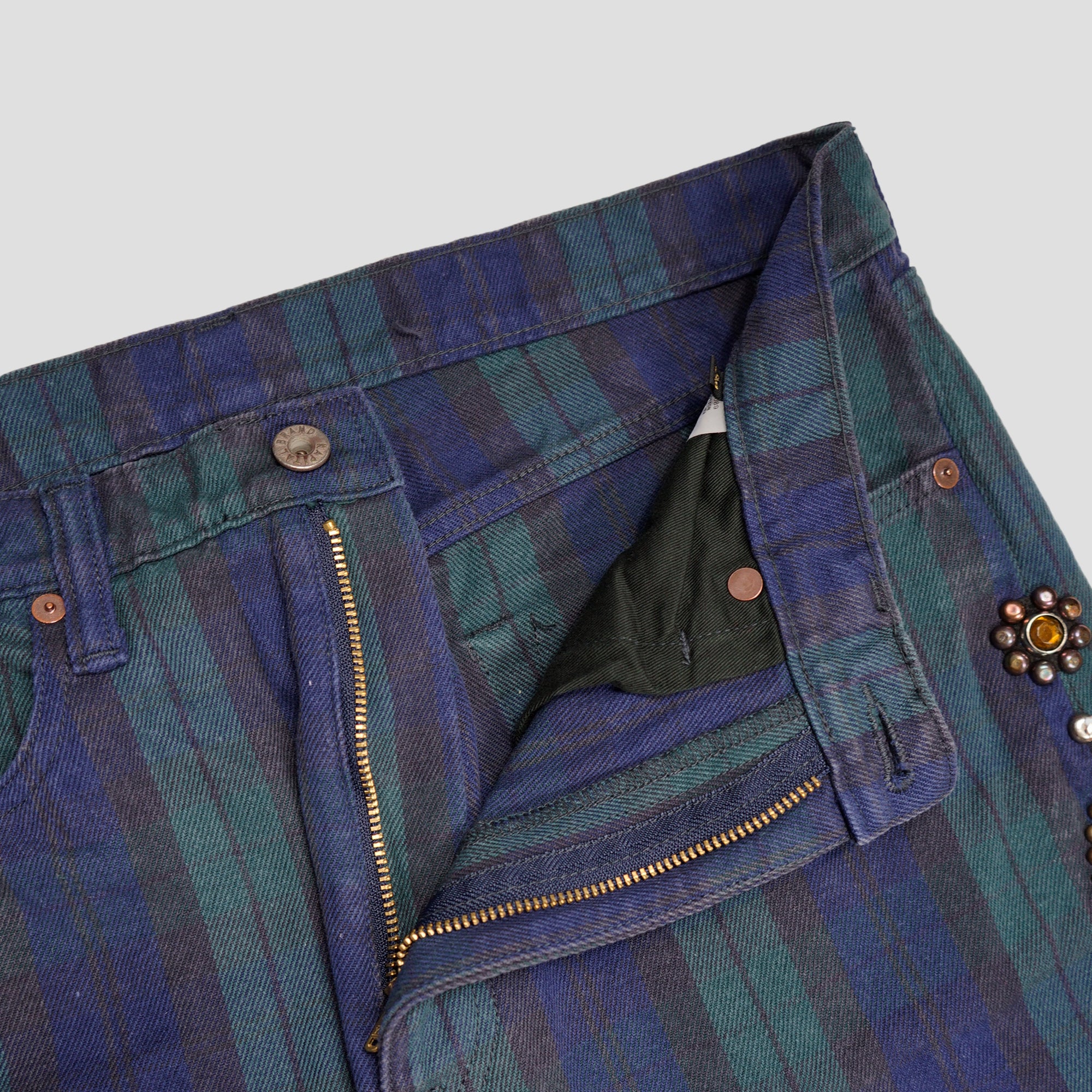 11oz TARTAN CHECK 5P MONKEY CISCO JEANS (STUDS REMAKE) - GREEN