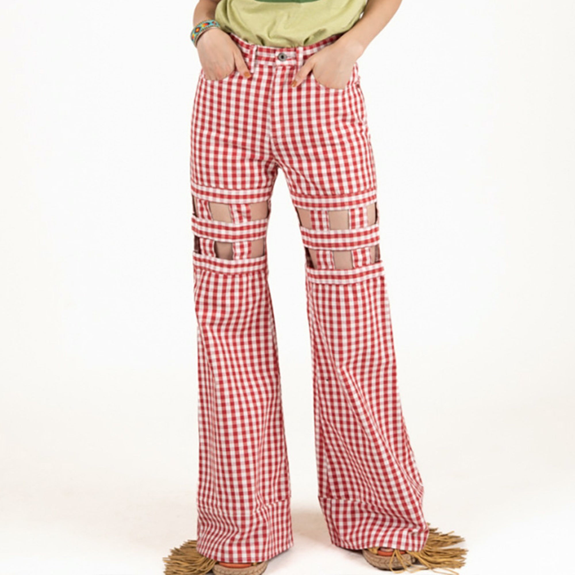 CANVAS GINGHAM CHECK 5P WINDOWPANE FLARE PANTS LADIES