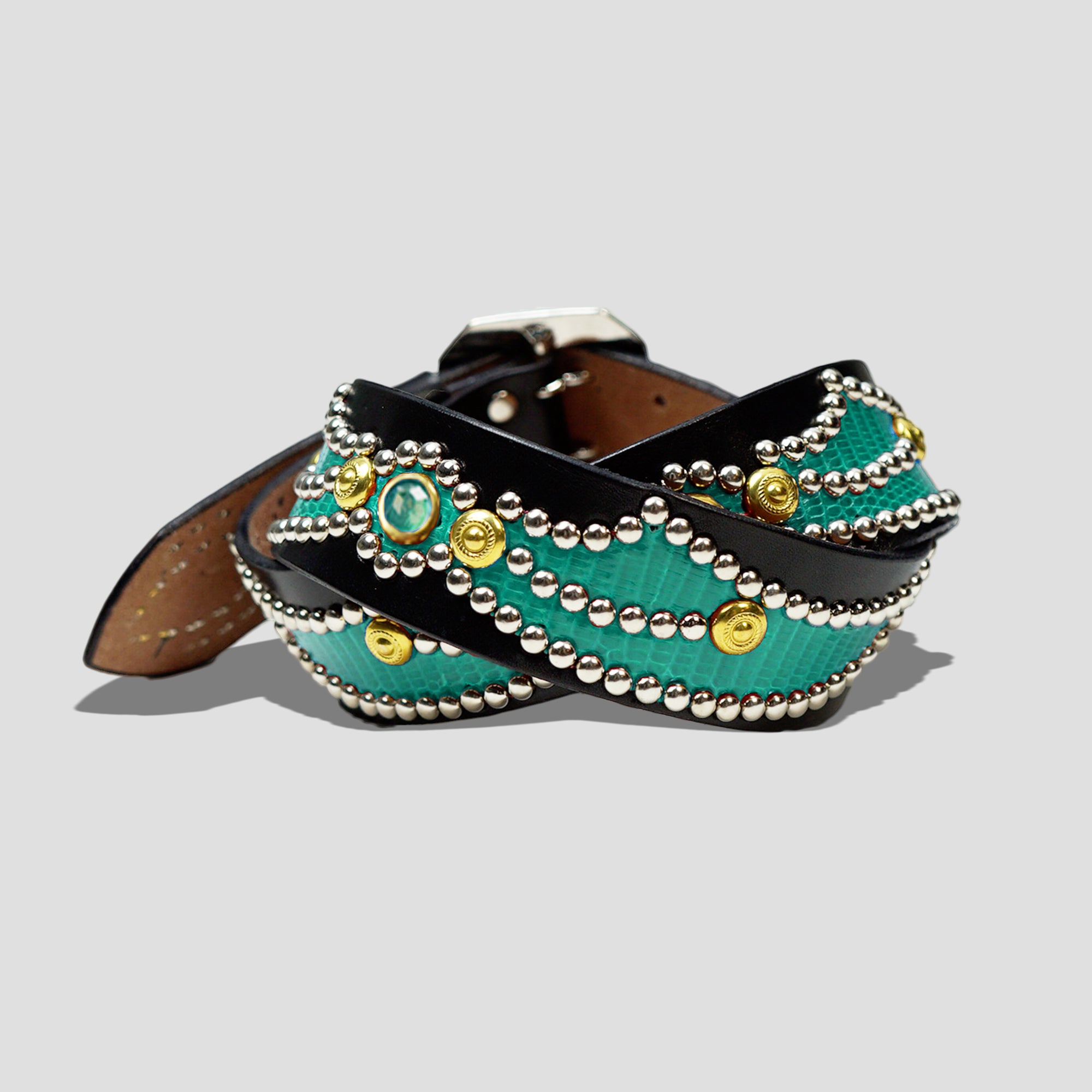 STUDDED LEATHER INLAY BELT WITH REFLECTOR - EMERALD GREEN