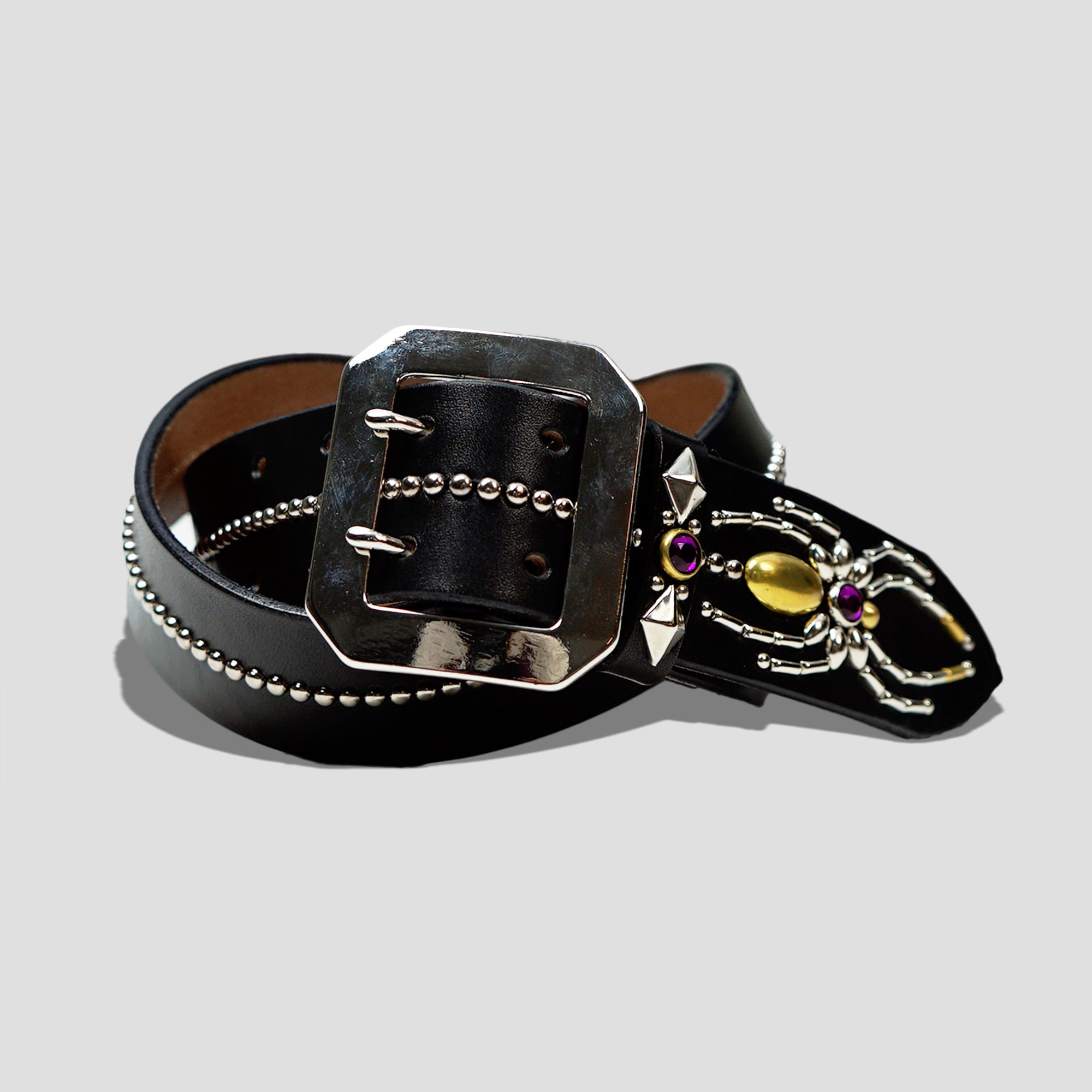 COWHIDE SPIDER STUDS BELT - BLACK/PINK