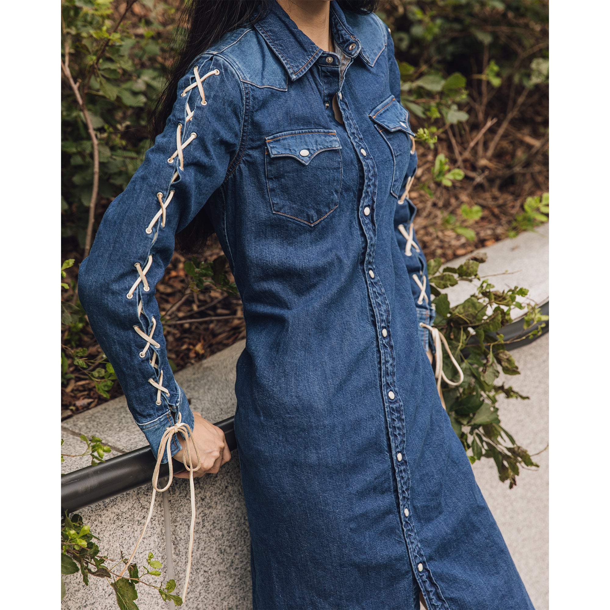 8oz DENIM LACE-UP WESTERN DRESS - INDIGO