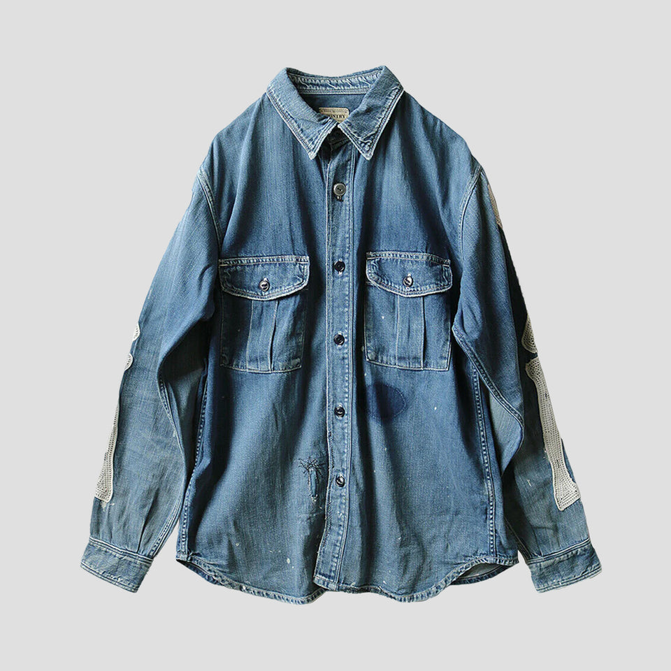 8oz DENIM WORK SHIRT (BONE EMBROIDERY) - INDIGO
