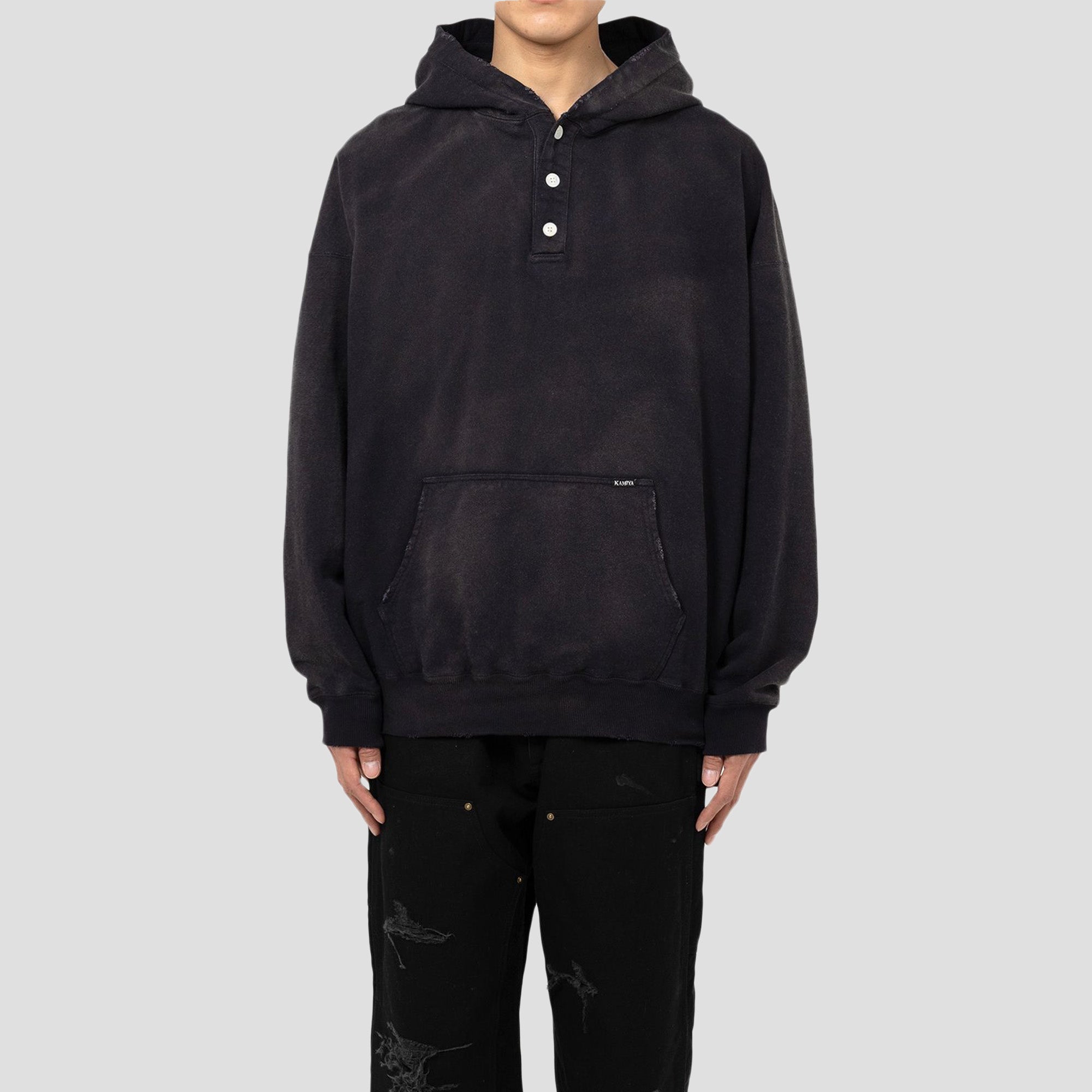 DISTRESSED OVERSIZED HENLEY NECK HOODIE