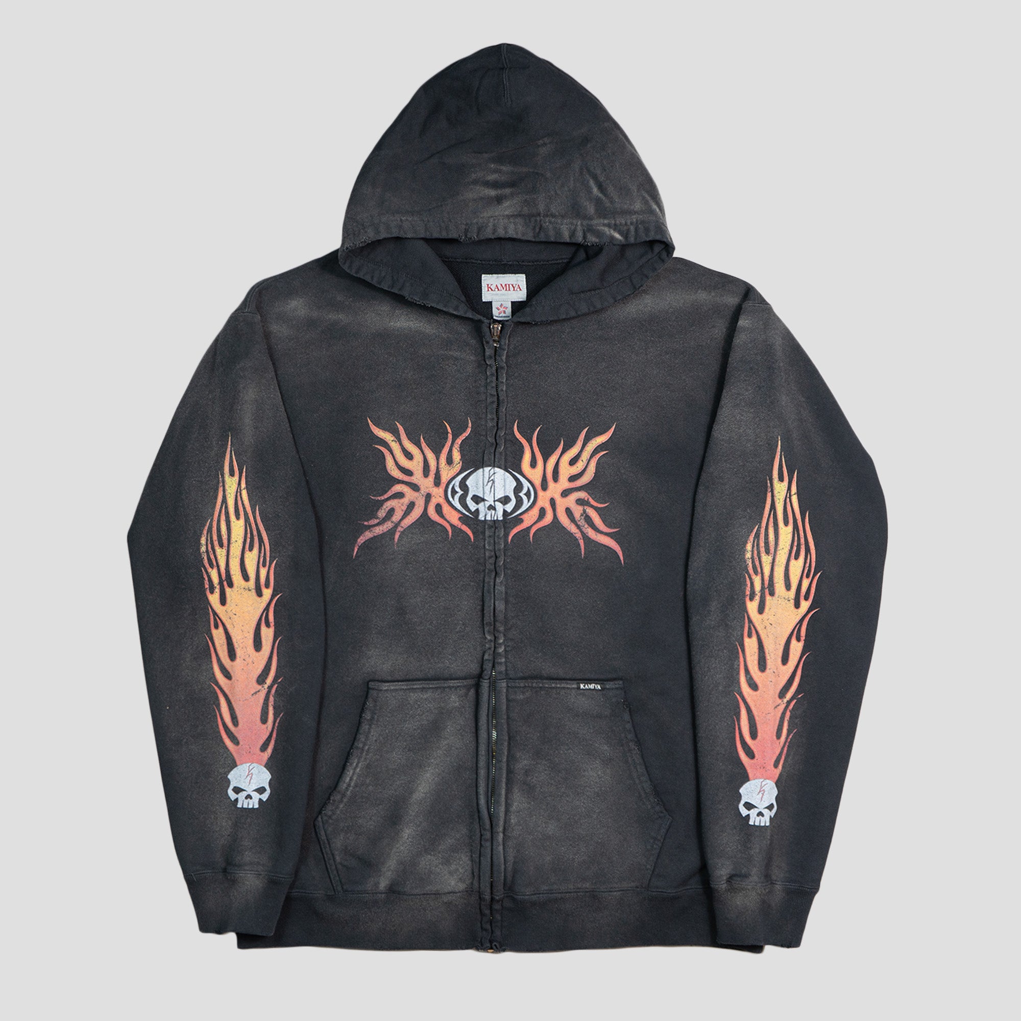 SKULL FLAME DISTRESSED ZIP-UP HOODIE