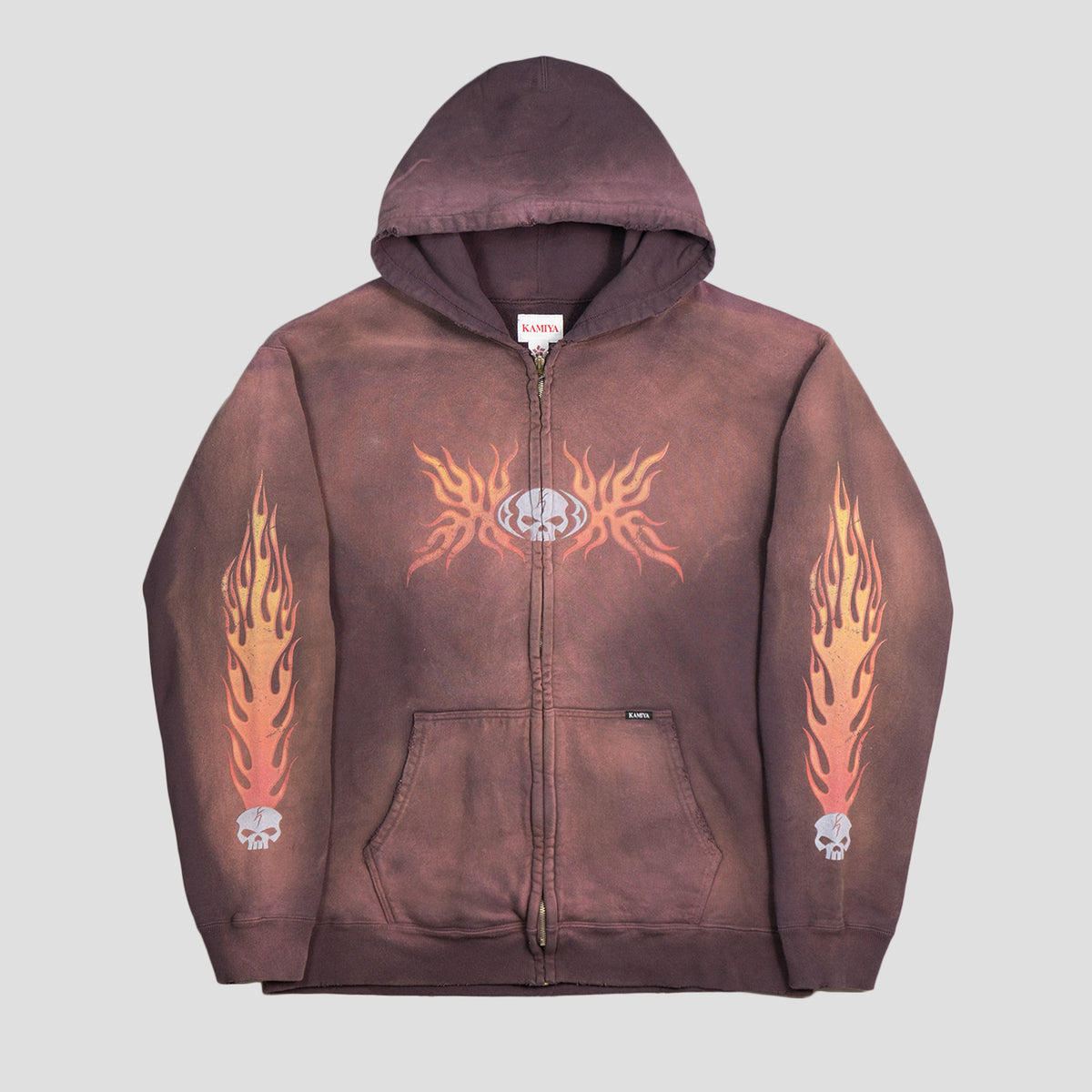KAMIYA - SKULL FLAME DISTRESSED ZIP-UP HOODIE