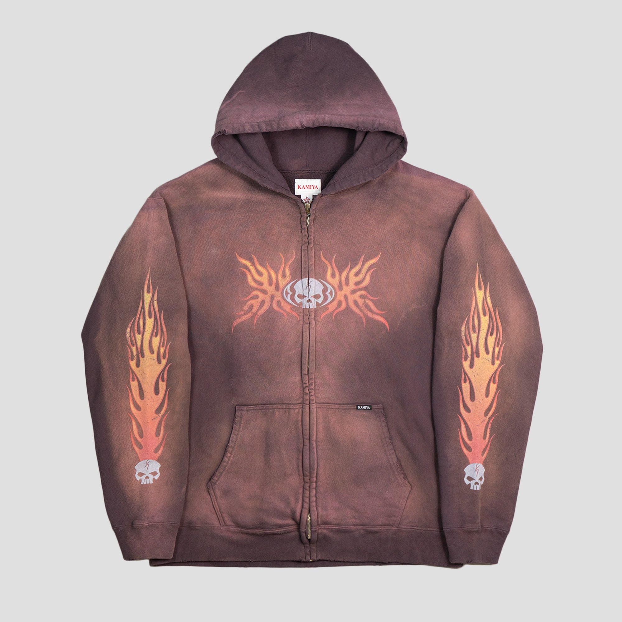 SKULL FLAME DISTRESSED ZIP-UP HOODIE