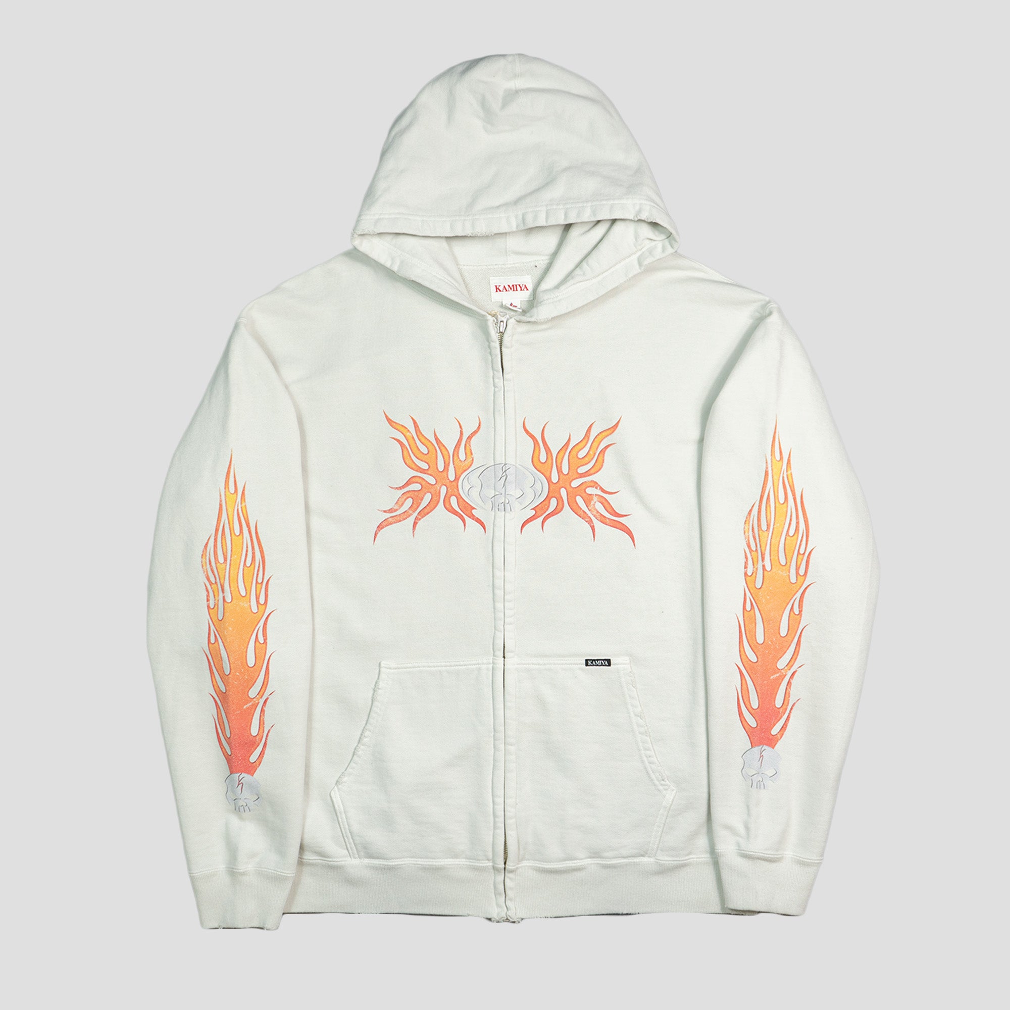 SKULL FLAME DISTRESSED ZIP-UP HOODIE