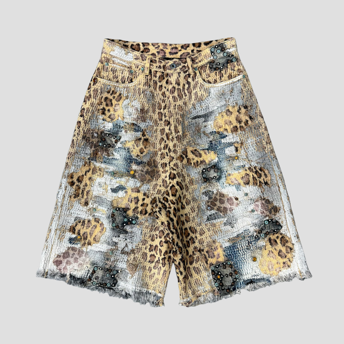 PROLETA RE ART - YELLOW LEOPARD ECO FUR BORO x STUDS BAGGY SHORTS