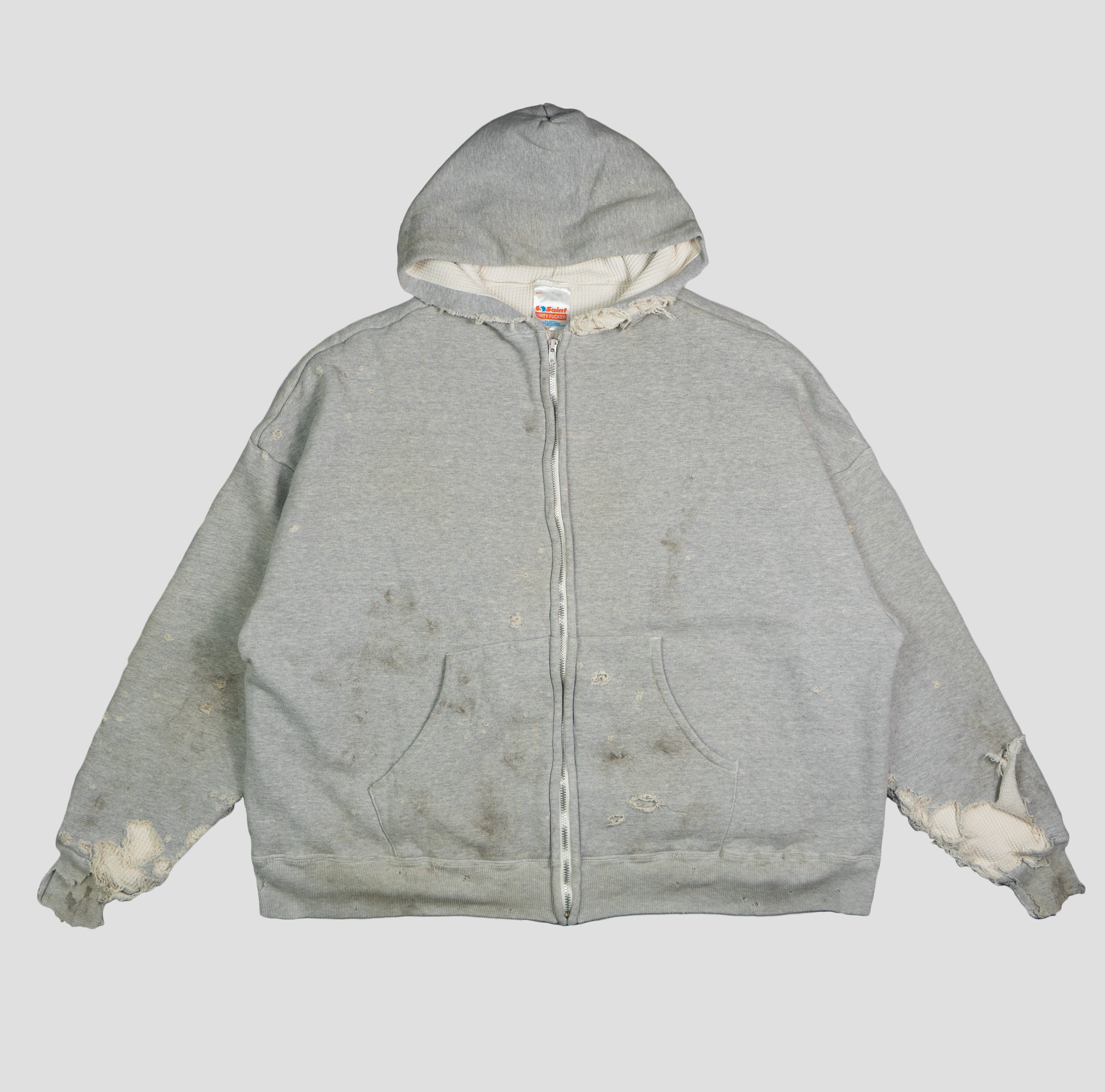 DOUBLE FACED DISTRESSED ZIP-UP HOODIE