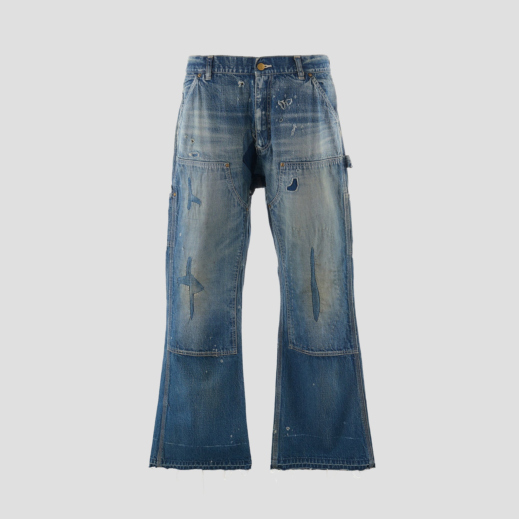 DISTRESSED W-KNEE DENIM PANTS