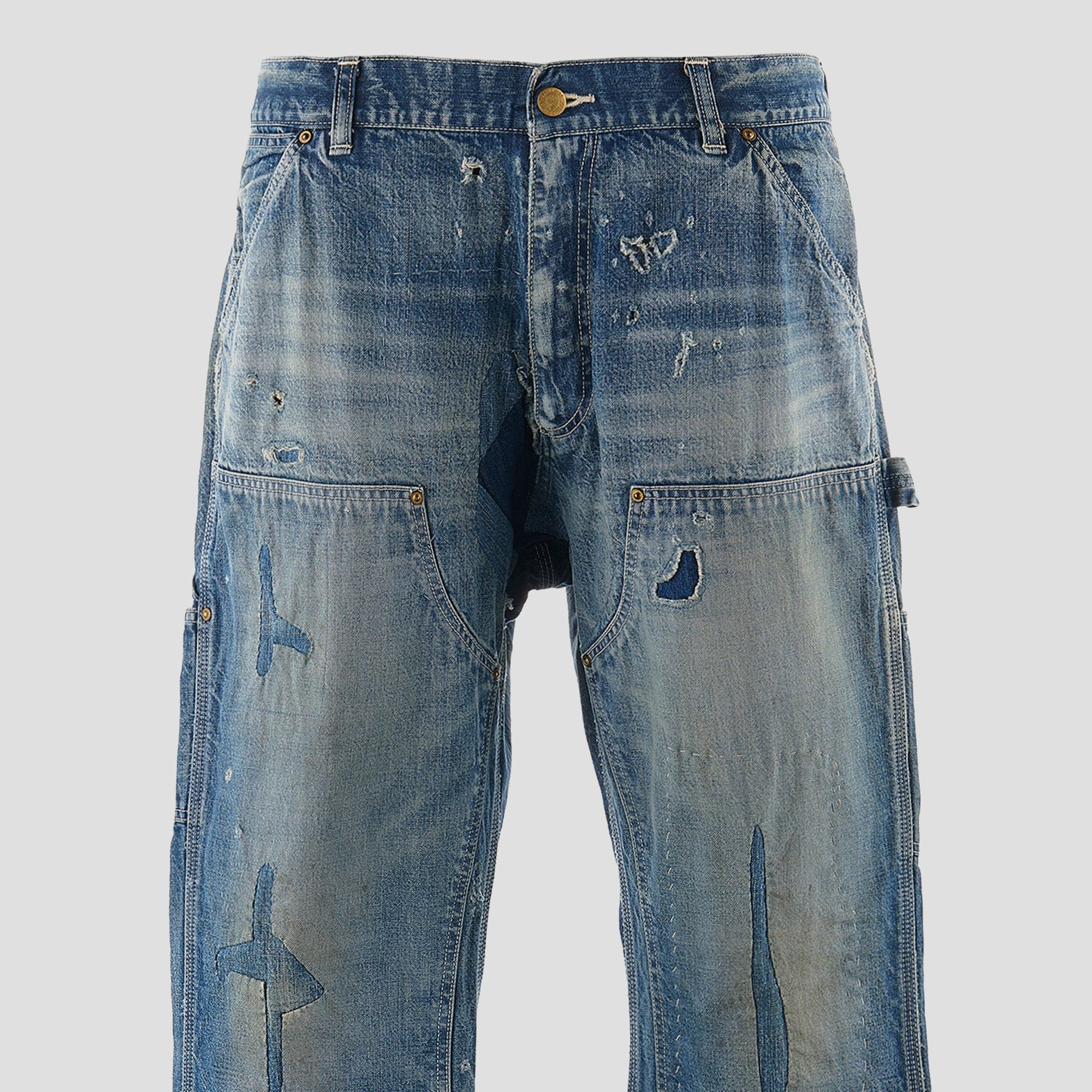 DISTRESSED W-KNEE DENIM PANTS