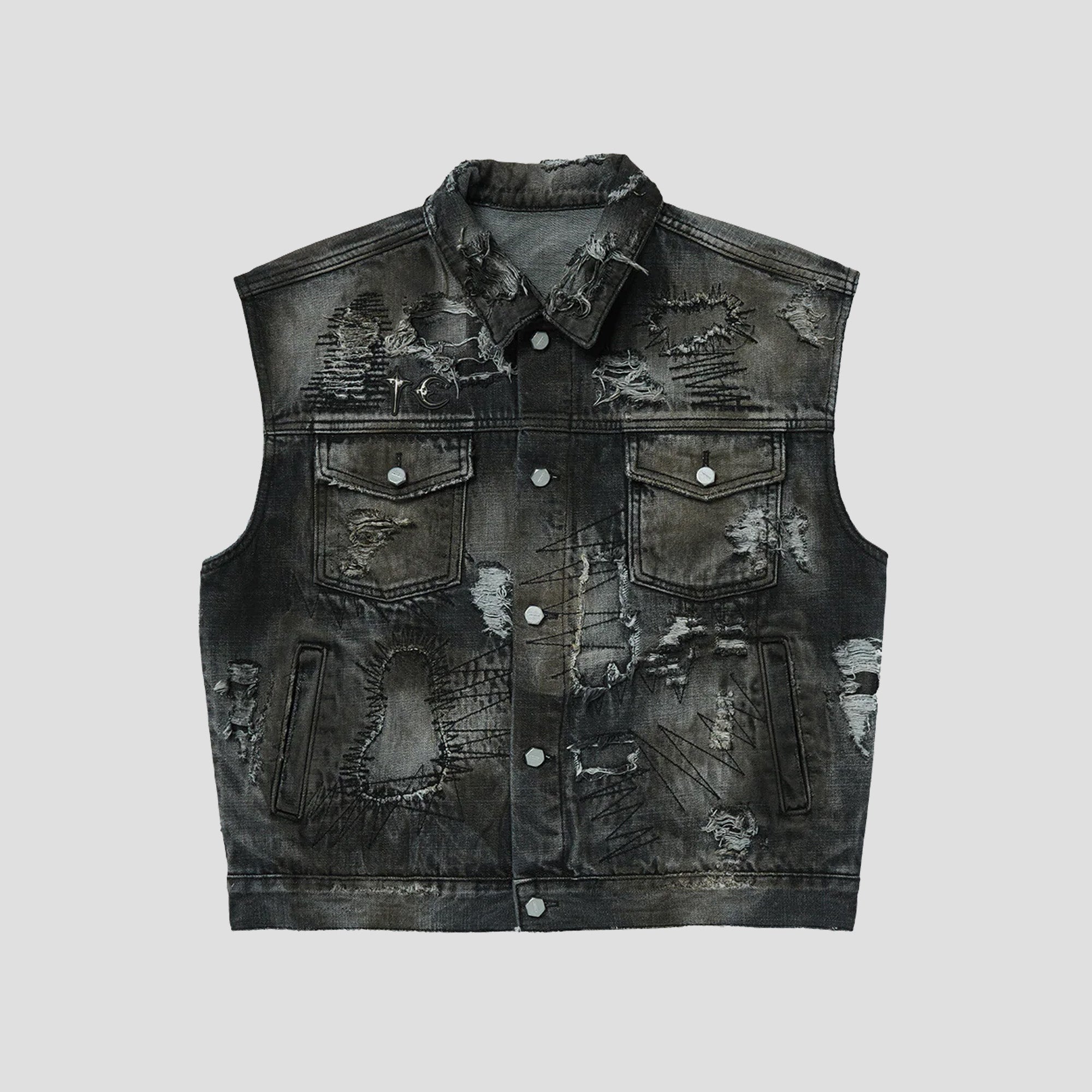 HARD-WASHED DAMAGED DENIM VEST