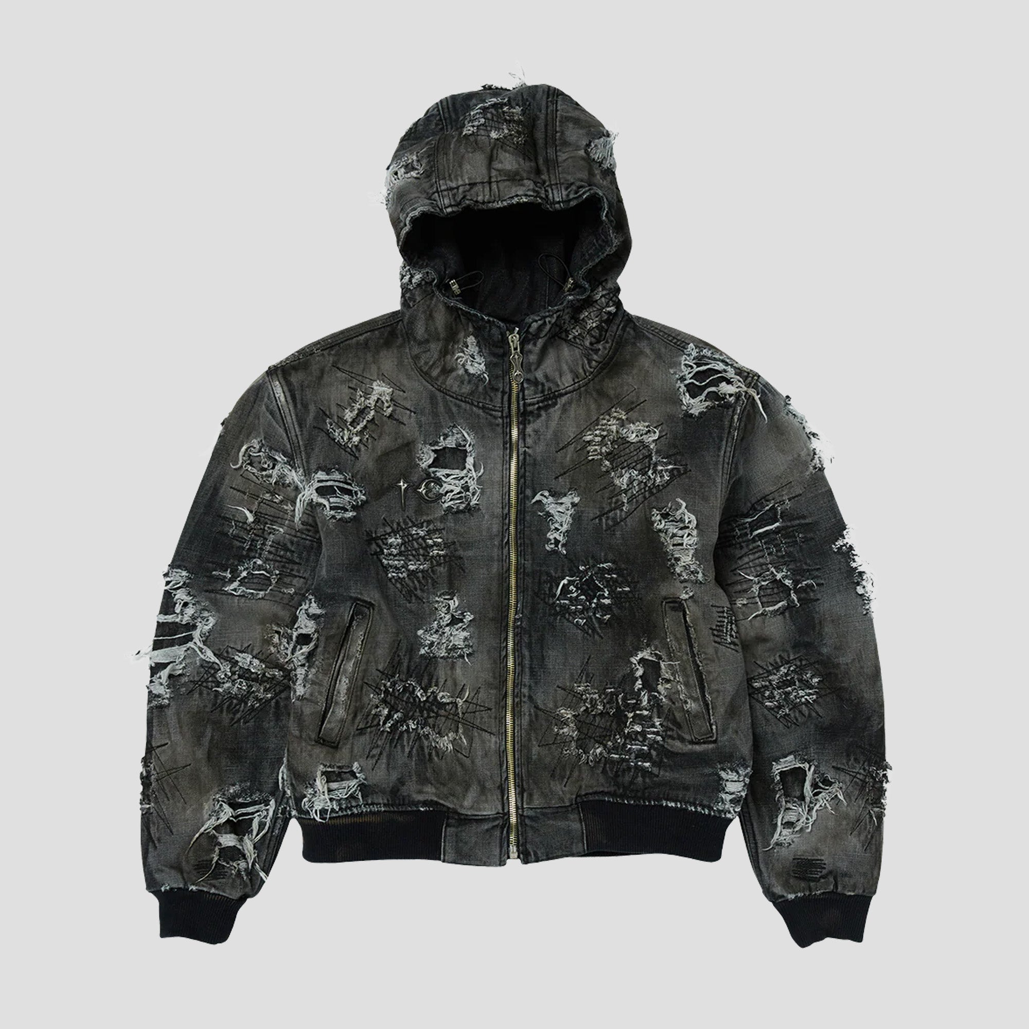 HARD-WASHED DAMAGED DENIM HOODED ZIP-UP