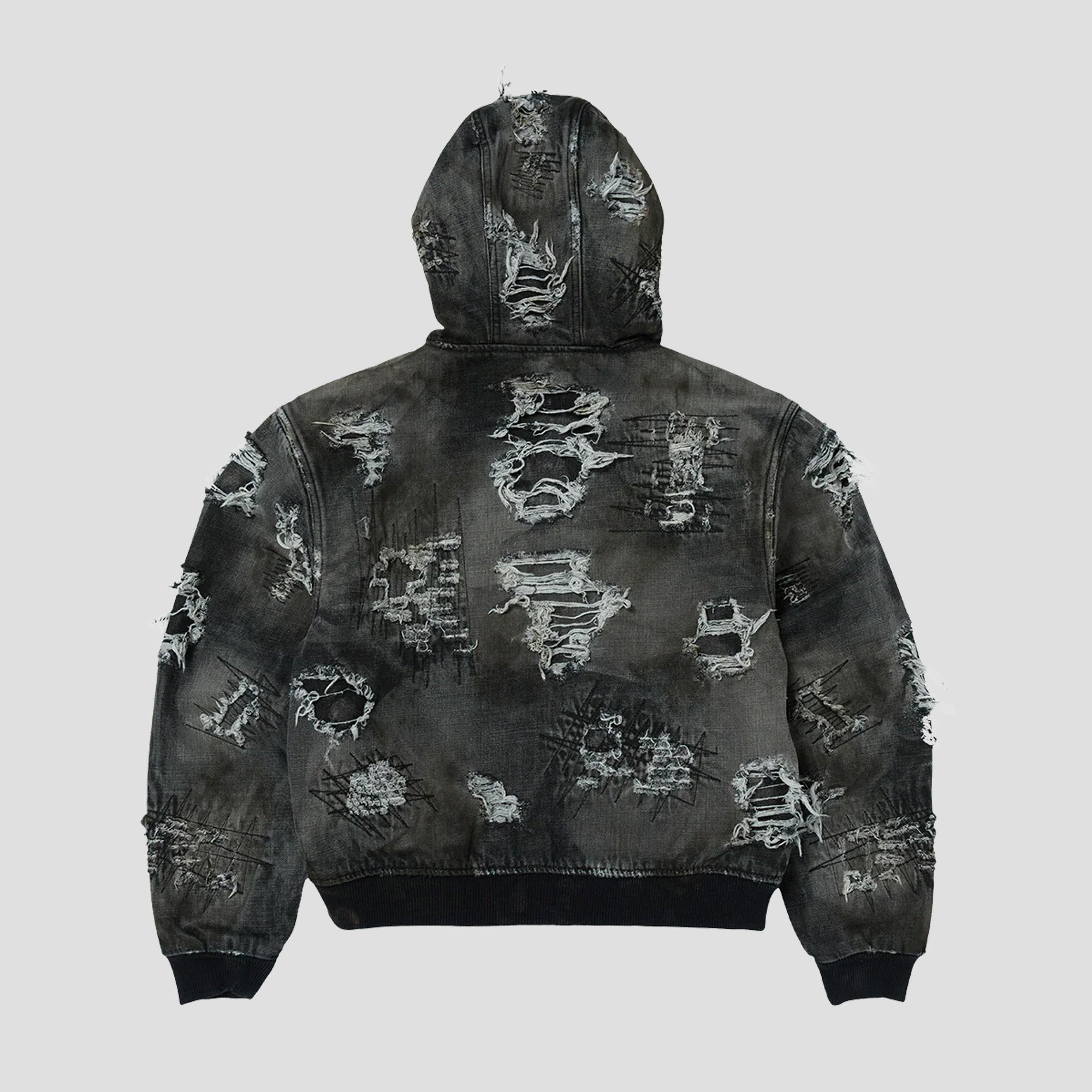 HARD-WASHED DAMAGED DENIM HOODED ZIP-UP
