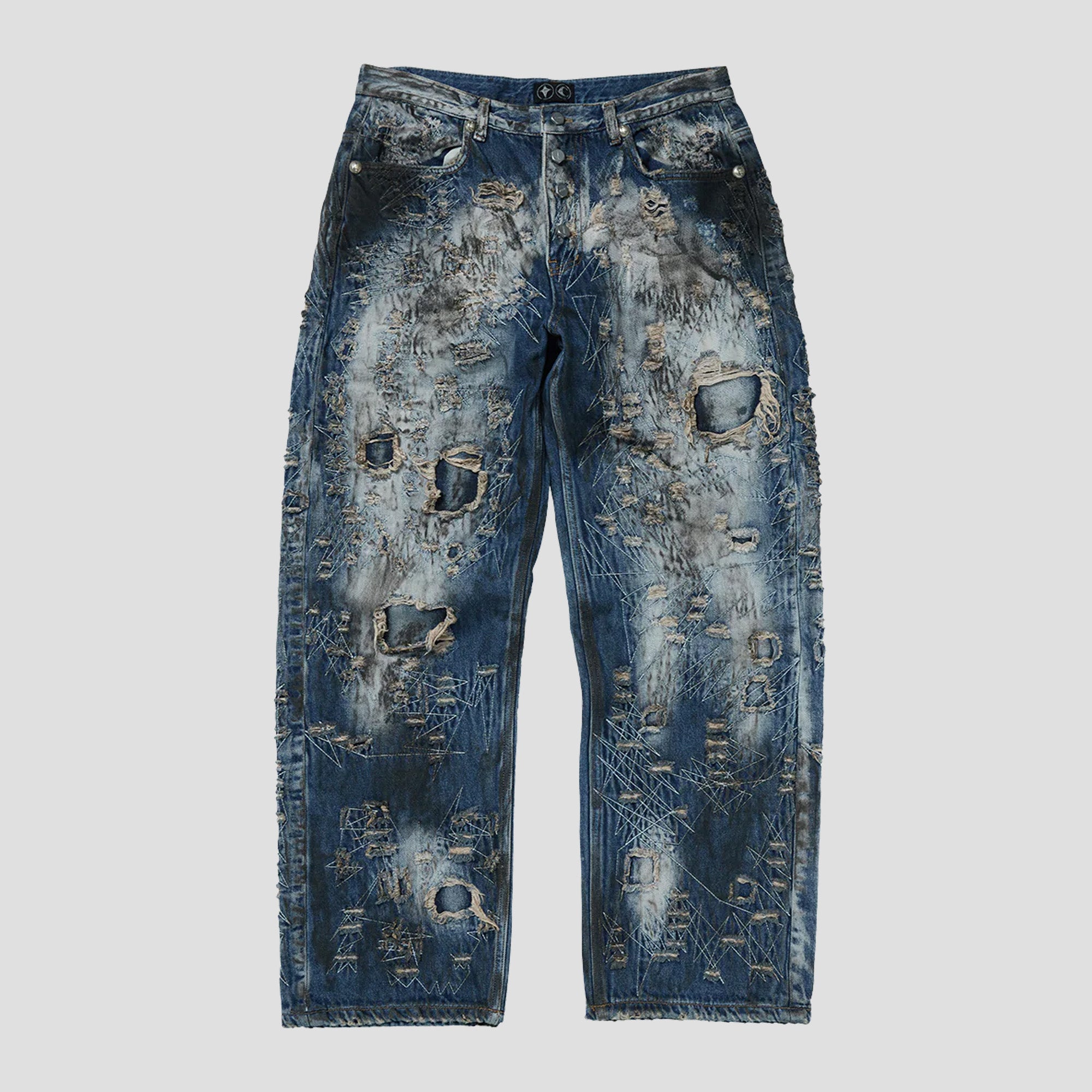 HARD-WASHED DAMAGED DENIM PANTS