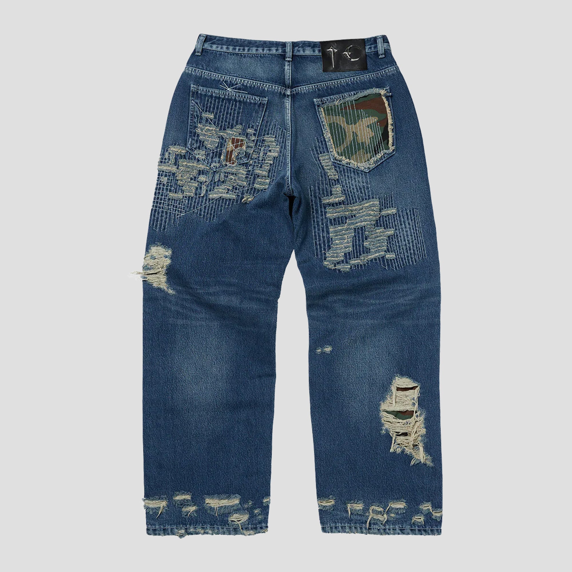 VINTAGE-STITCHED CAMO DENIM PANTS