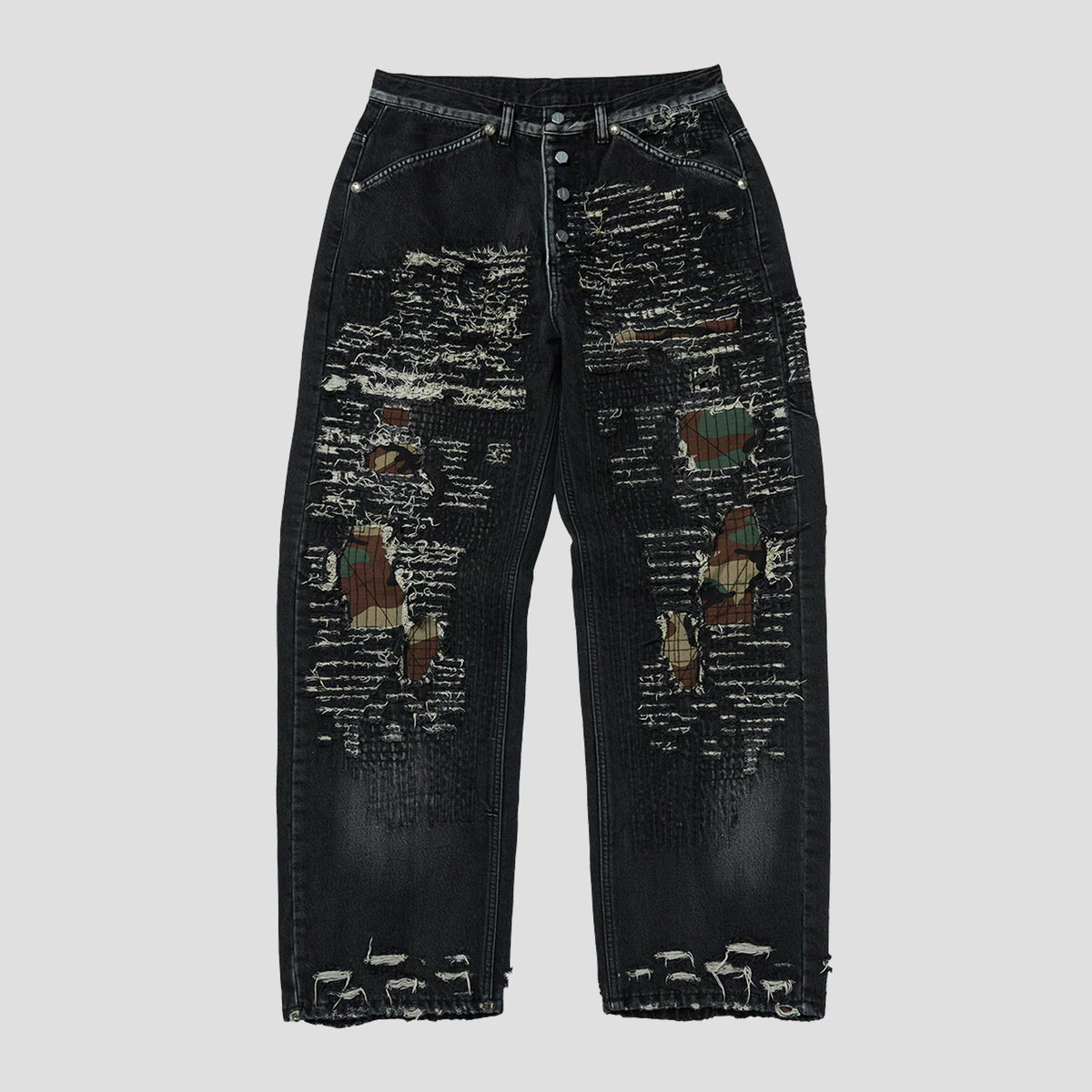 THUG CLUB - VINTAGE-STITCHED CAMO DENIM PANTS