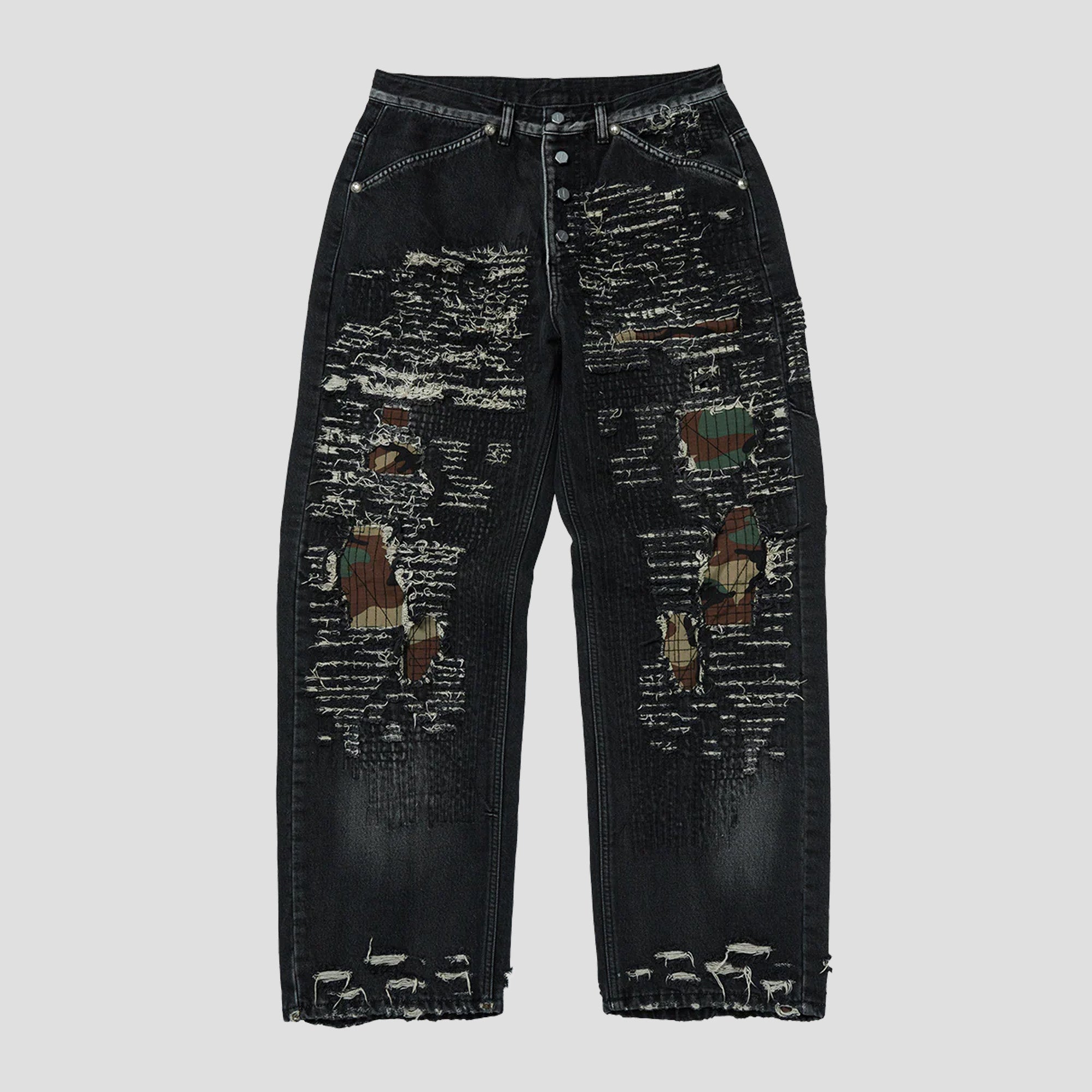VINTAGE-STITCHED CAMO DENIM PANTS