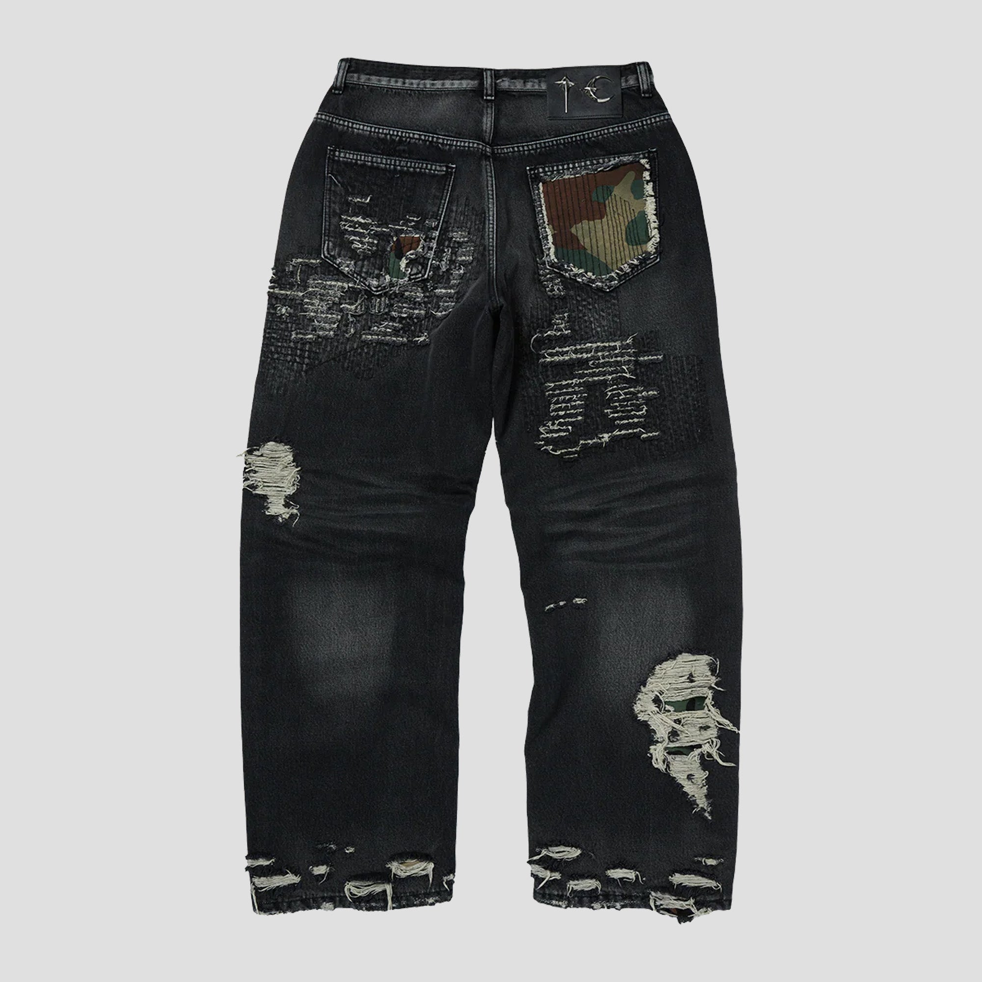VINTAGE-STITCHED CAMO DENIM PANTS