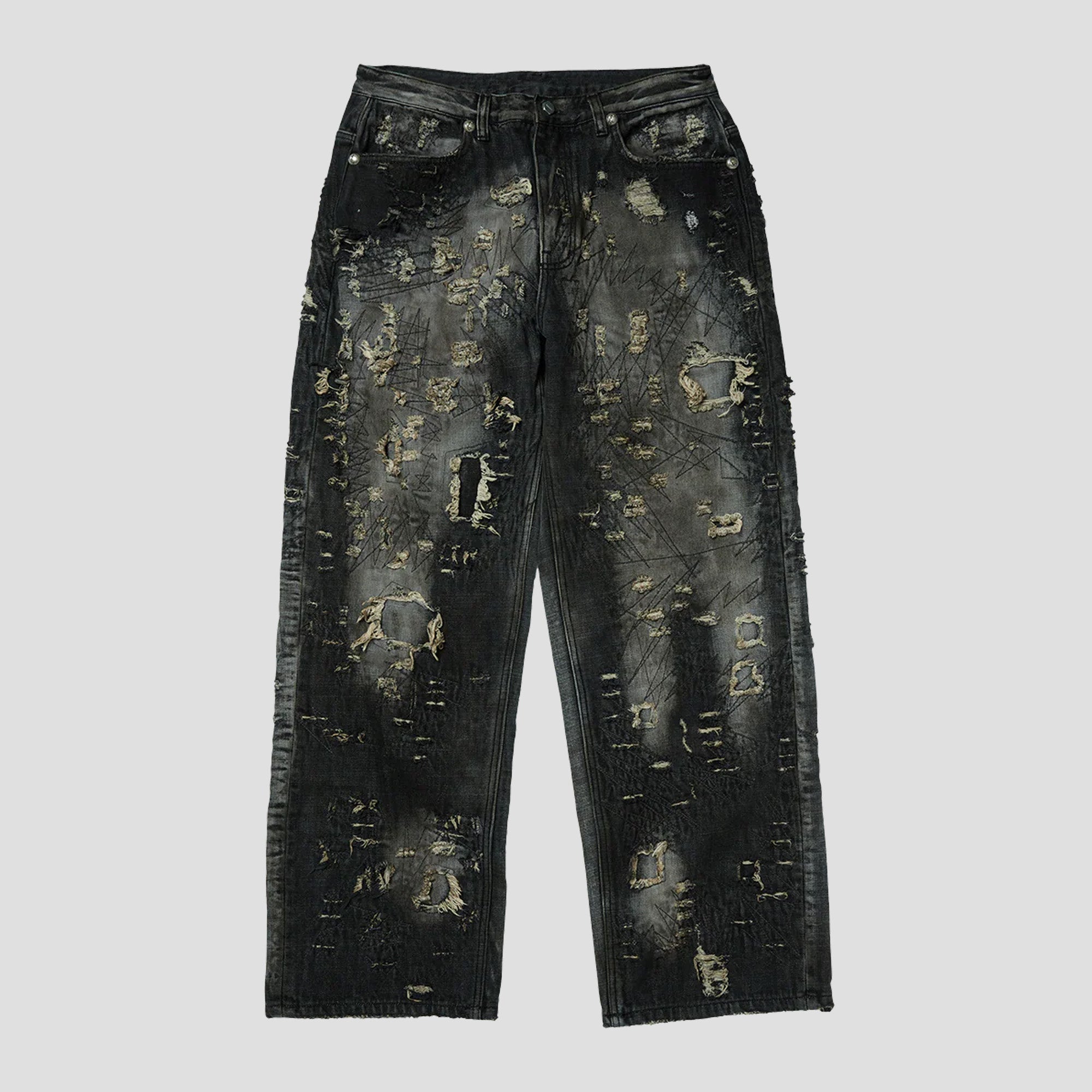 HARD-WASHED DAMAGED DENIM PANTS