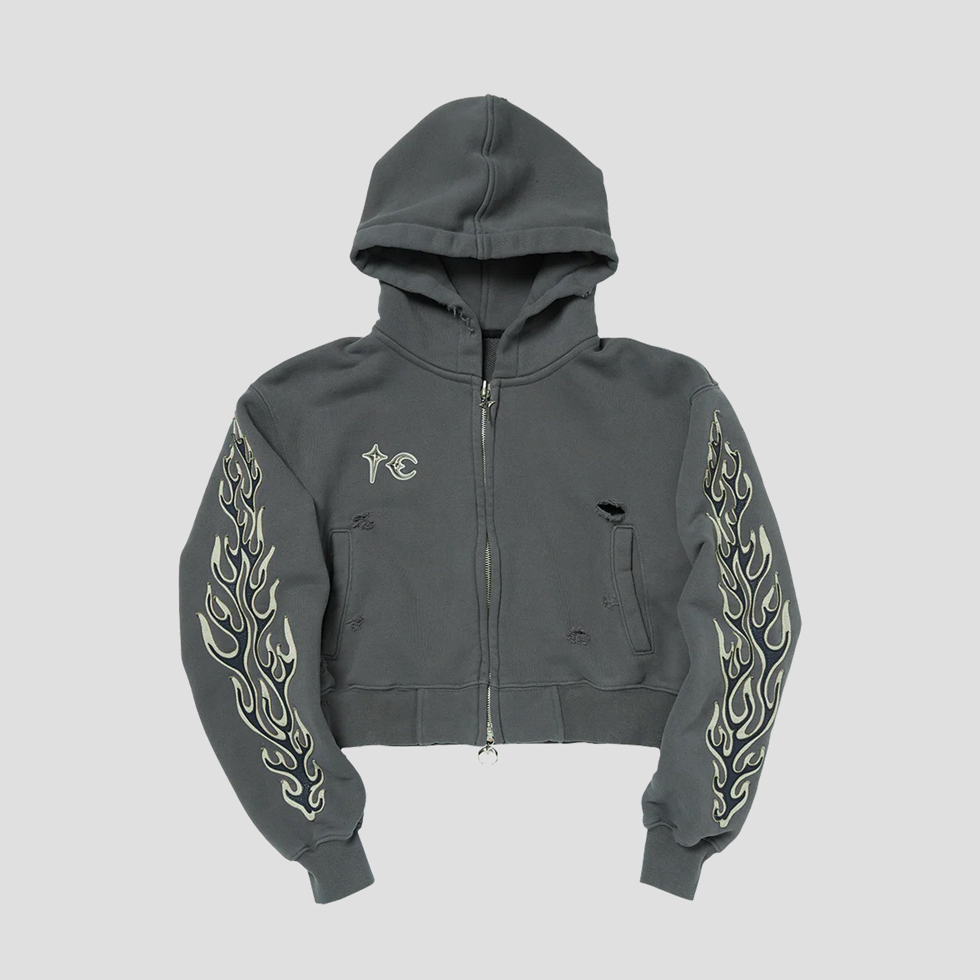 LEATHER FLAME CROPPED HOODED ZIP-UP